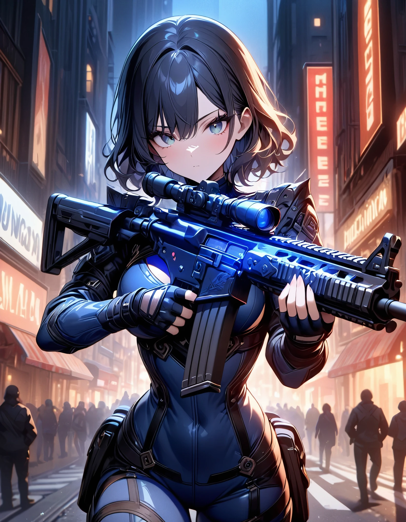best quality, masterpiece, highres, 1girl, (solo, solo focus), (blue bodysuit, red bodice, black boots), carrying an assault rifle, (black leather jacket), fingerless gloves, black hair, short hair, wavy hair, hazel eyes, beautiful detailed eyes, beautiful detailed face, (perfect hands), perfect ???????, perfect proportions, medium breasts, New York street backdrop, night noir atmosphere