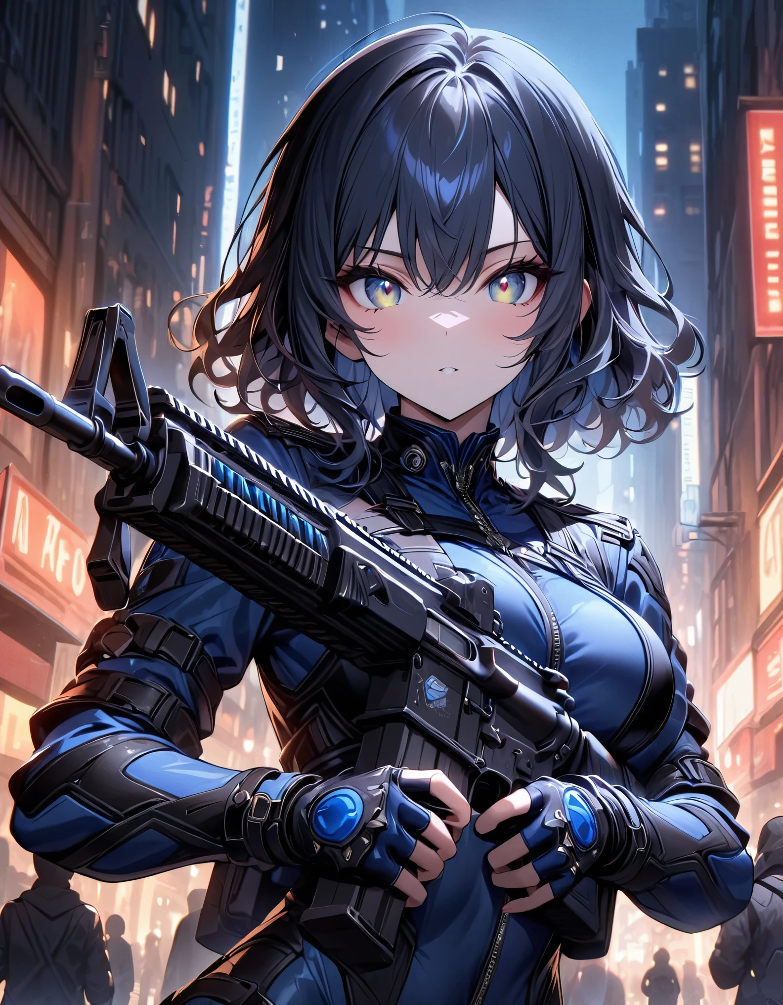 best quality, masterpiece, highres, 1girl, (solo, solo focus), (blue bodysuit, red bodice, black boots), carrying an assault rifle, (black leather jacket), fingerless gloves, black hair, short hair, wavy hair, hazel eyes, beautiful detailed eyes, beautiful detailed face, (perfect hands), perfect anatomy, perfect proportions, medium breasts, New York street backdrop, night noir atmosphere