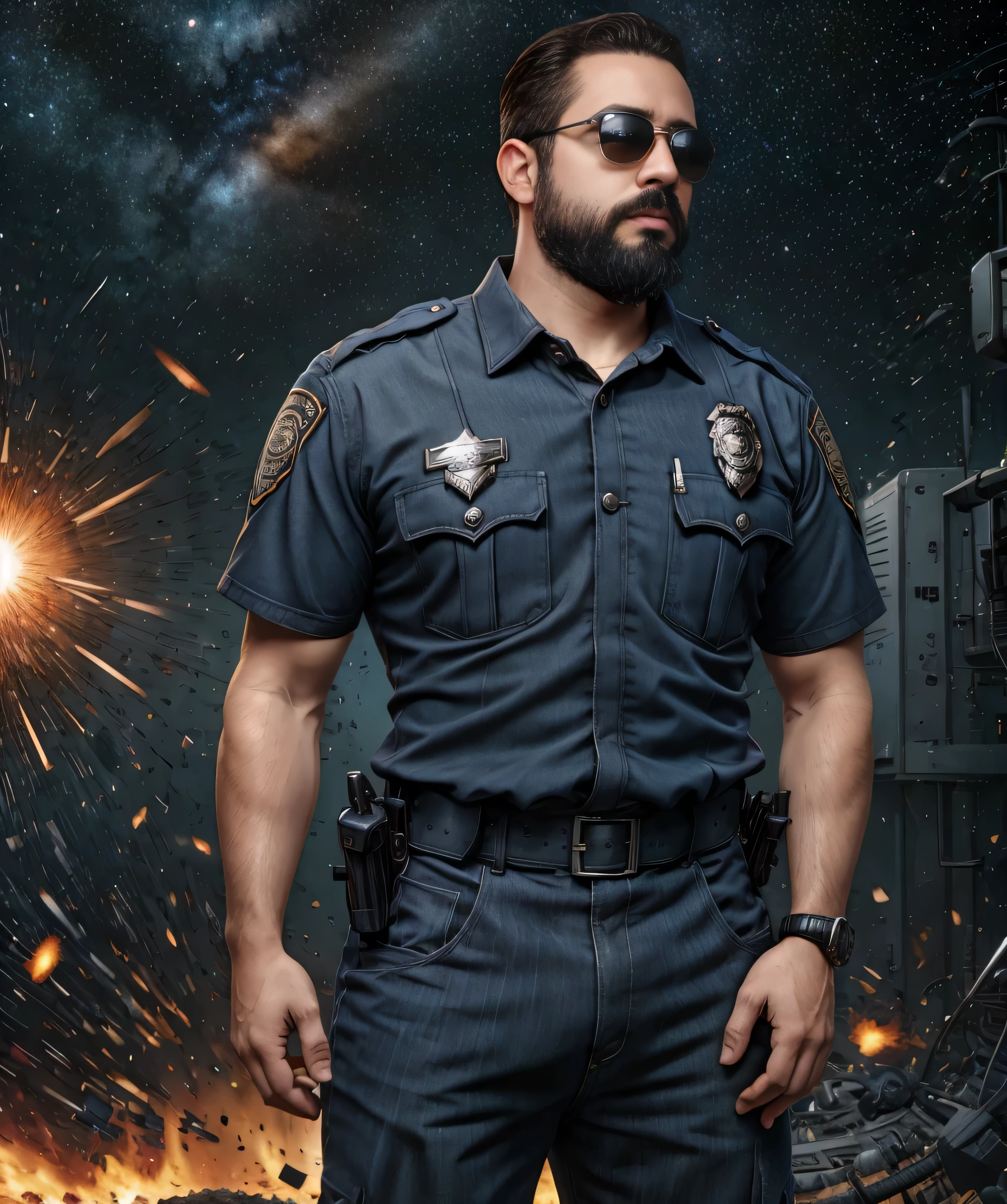 Obra maestra, desenfoque de campo, Parte superior del cuerpo, Hands in pants pockets, 38 year old chubby man with beard and square sunglasses.. Man in police shirt in a space movie with a solar explosion in the background.