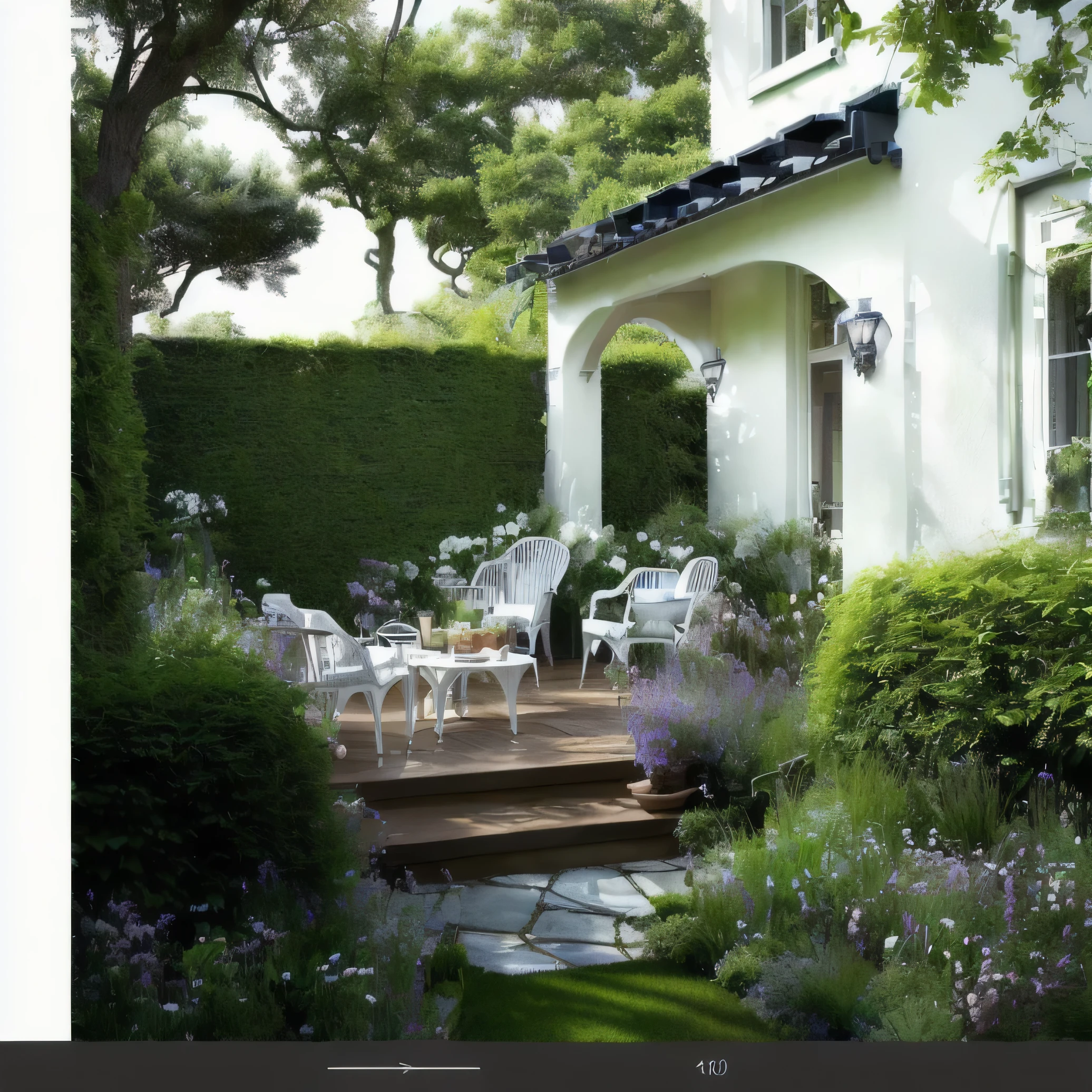 there is a Terrace with a table and chairs on it, garden environment, lush garden surroundings, garden setting, Terrace, Lush surroundings, courtyard walkway, home and garden, outdoor staircase, author：Robert Bane, balcony, author：Pamela Drew, Quiet environment, garden, Pleasant environment, backyard, backyard garden, deck, lush chic garden, Environmental photography, garden at home