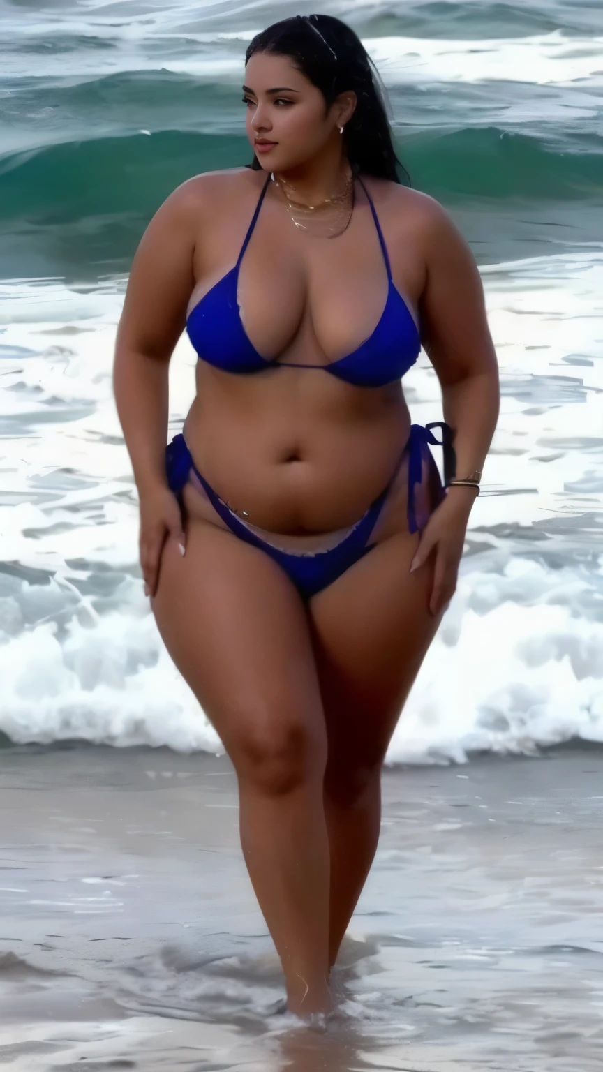 masterpiece、highest quality、photorealistic、Ultra high definition、High resolution、16K wallpaper、Super detailed、Fine details、Cinema lighting、 araffe woman in a Blue Bikini walking on the beach, full body shot In a bikini, Blue Bikini, Wearing a swimsuit, Wide Hips, She has a plump, round belly, In a bikini, Wearing a two-piece swimsuit, In a bikini, thick体, Curvy hourglass figure, thick, Curvaceous figure, Swimsuit model, Wearing a bikini