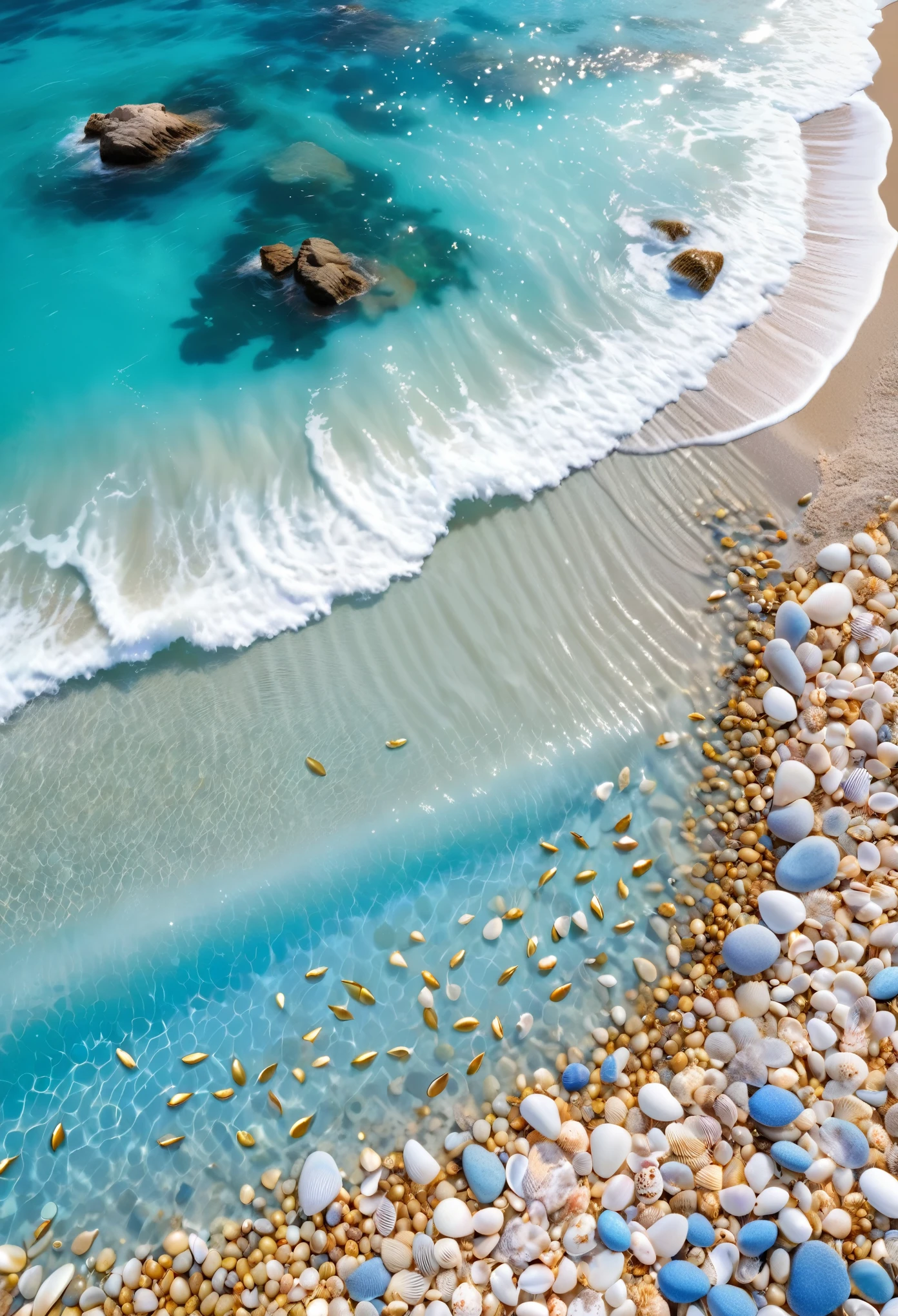 Overhead shot,Bird's eye view,Beautiful scenery,Côte d'Azur,Clear water,Waves,Many small blue stones on the golden beach,Beautiful shells,A cute little crab,Aesthetic,HD Wallpapers