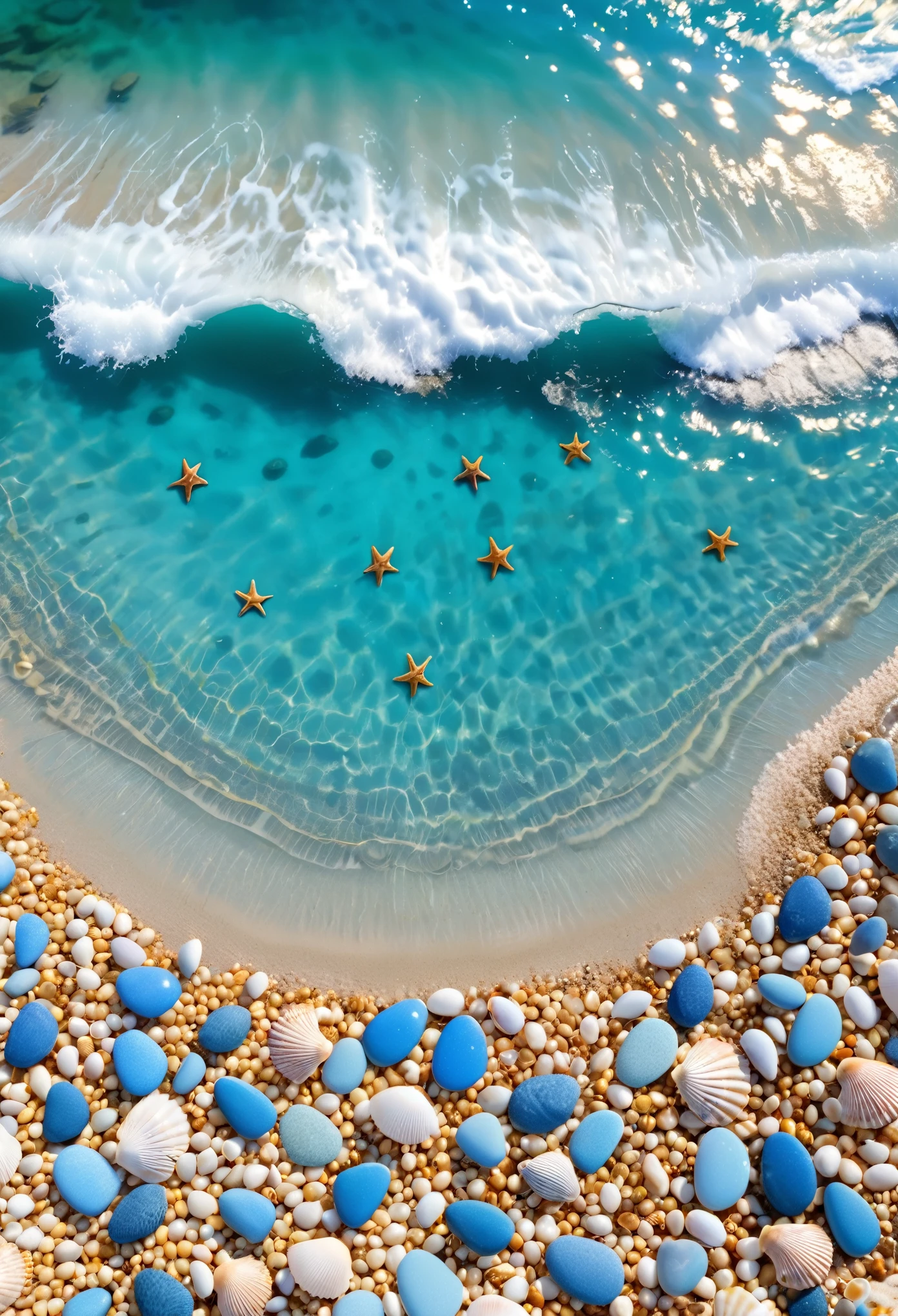 Overhead shot，Bird&#39;s eye view，Beautiful scenery，Côte d'Azur，Clear water，Waves，Many small blue stones on the golden beach，Beautiful shells，A cute little crab，Aesthetic，HD Wallpapers