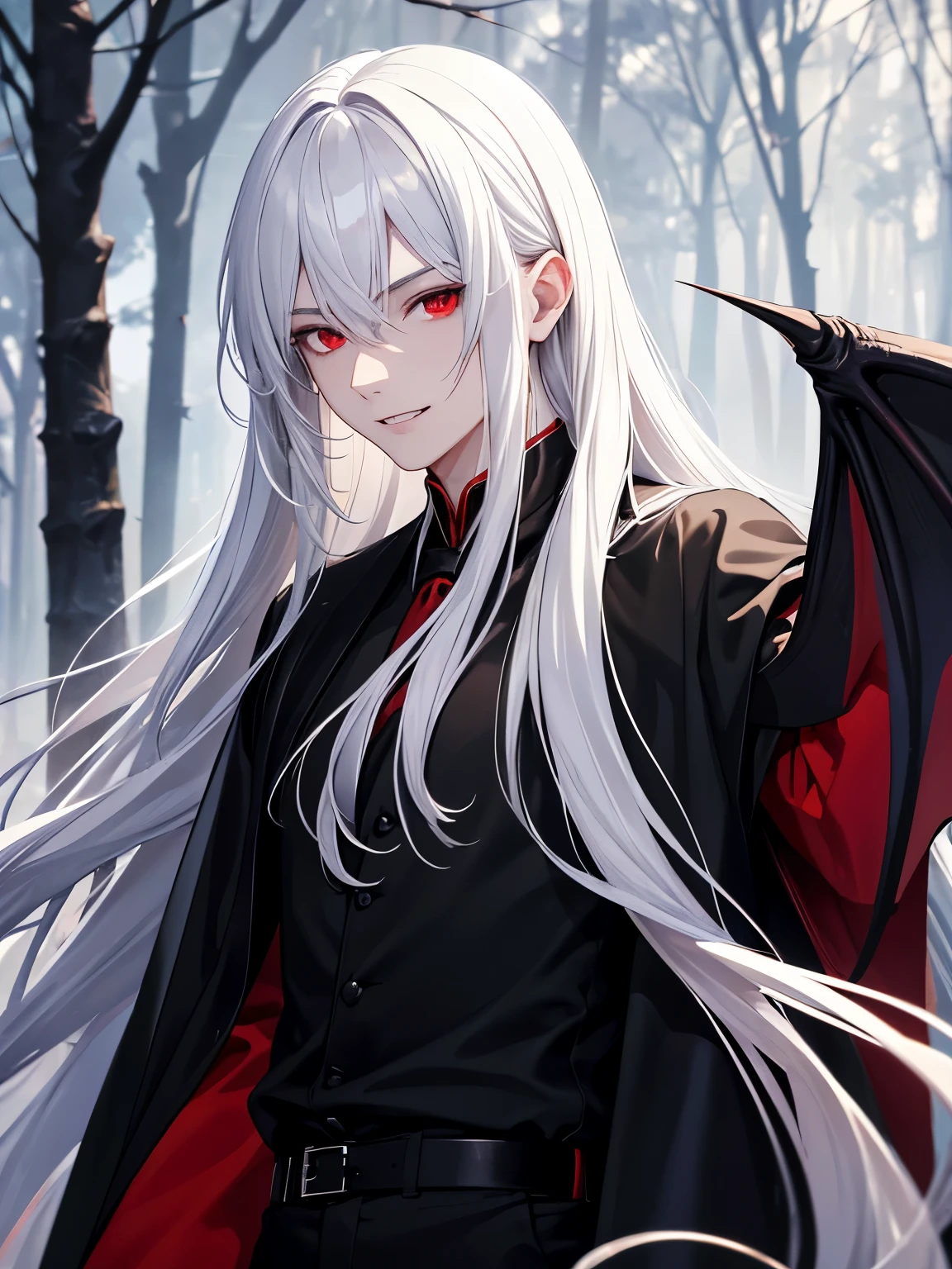1 man,guy, 30 years old,Standing on the forest ,,at night, slight smile,vampire king, white hair, long hair, red eyes, black shirt, black pants, long robe, vampire teeth,white bat wings,ultra detail, perfect face, clear face, HD face,Ultra detailed face,close up photo