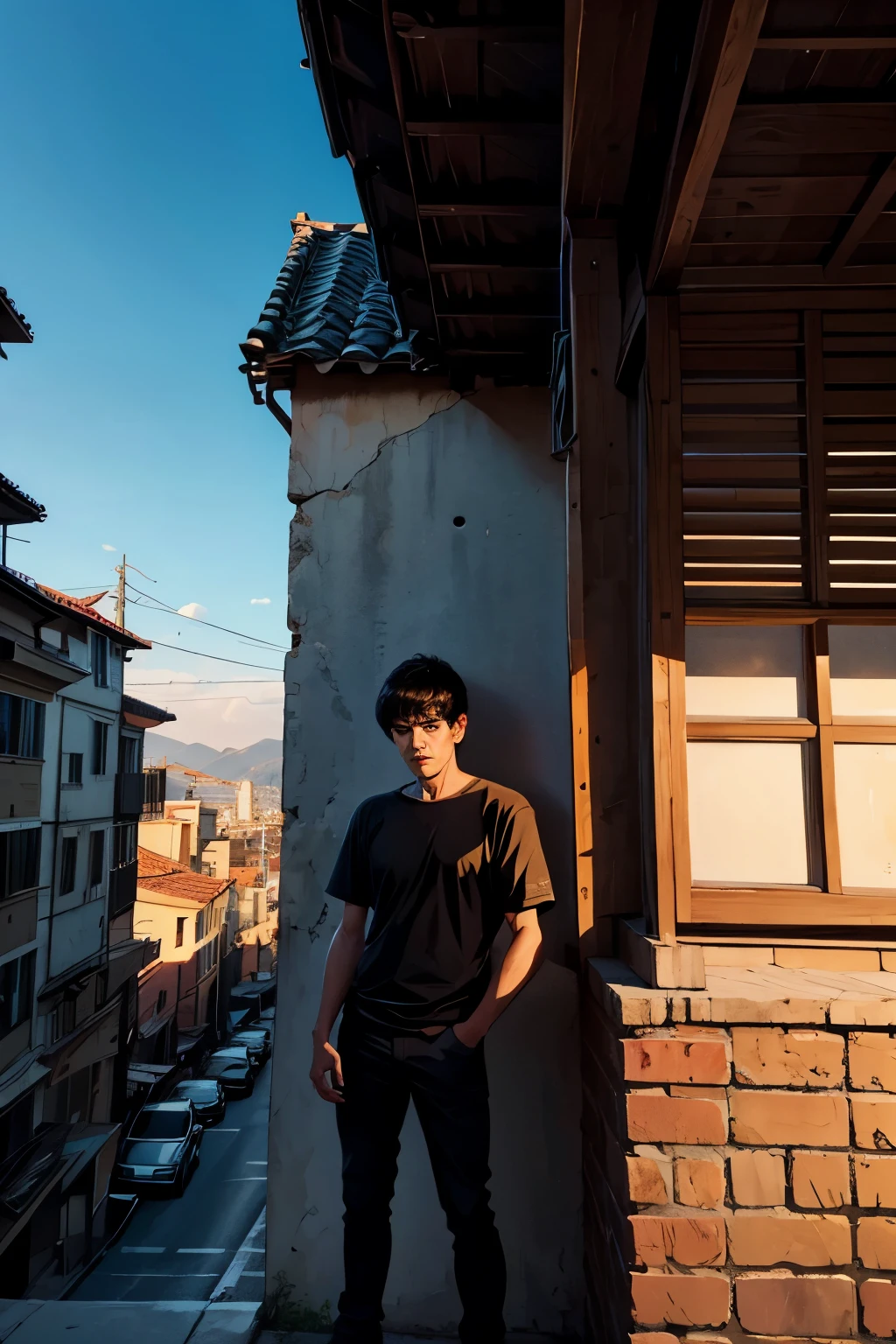 um homem com um terno preto de peregrino, Standing on the Balcony, no centro-oeste, americana, tronco, fechar-se, CRU, [sorridente:0.8], 8k hd 