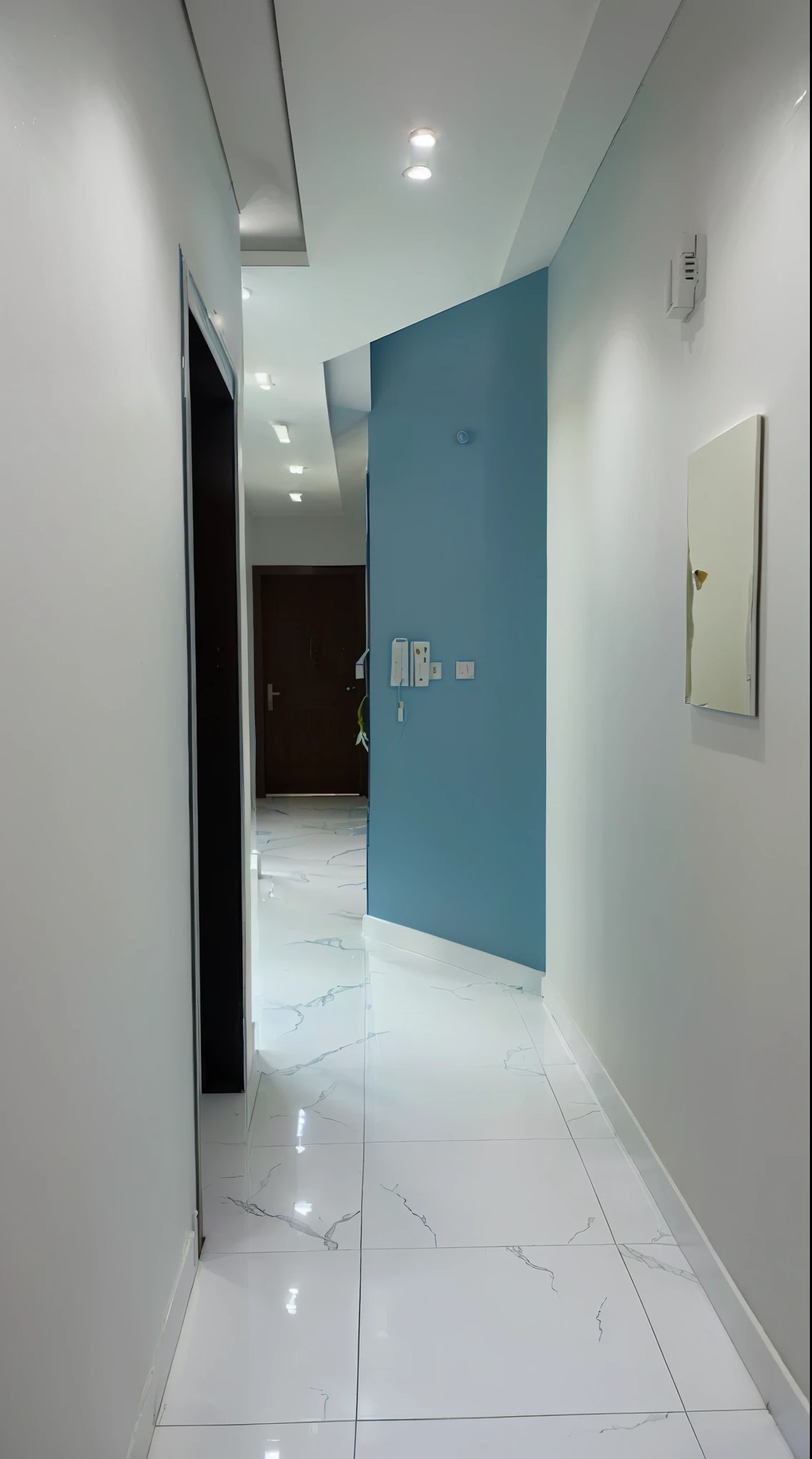 there is a hallway with a blue wall and a white floor, apartment hallway, narrow hallway, white and teal metallic accents, white marble walls, marble walls, tall entry, color photograph, hallway landscape, blue walls, blue and white colour scheme, hallway, flat 2 d, long hall way, mirror hallways, corridor, long hallway
