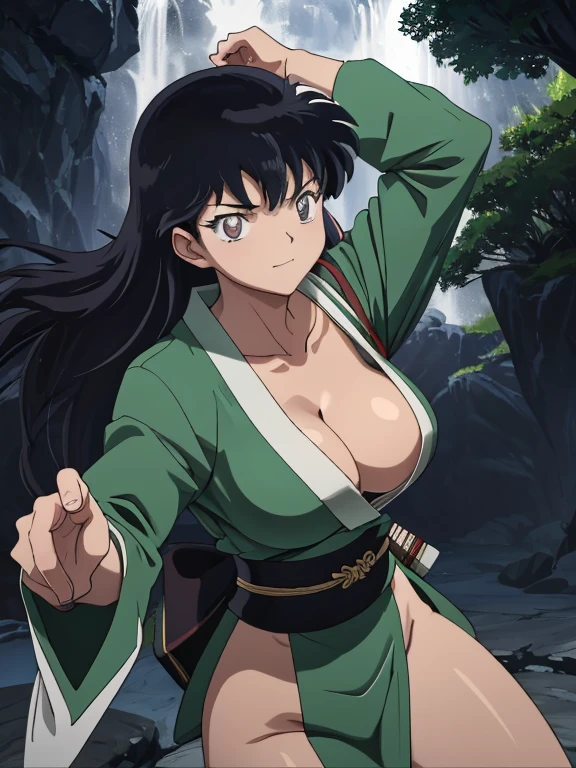 masterpiece, best quality, Kagome Higurashi, 25 years old, matured face, beautiful detailed eyes, ultra detailed eyes, extremely detailed face, large breasts, cleavage, very busty, big hips, strong muscles, athletic physique, She stands tall while wearing a short green kimono. she's looking directly at the camera with an confident smirk. Her gaze is both alluring and fierce as she is in a fighting stance. cowboy shot, Perfect Anatomy,(Professional Lighting), 4k textures, epic artistic, sharp focus, even lighting, insane details, intricate details, hyperdetailed, rich colors, BREAK Outdoors, forest, Japanese architecture in the background