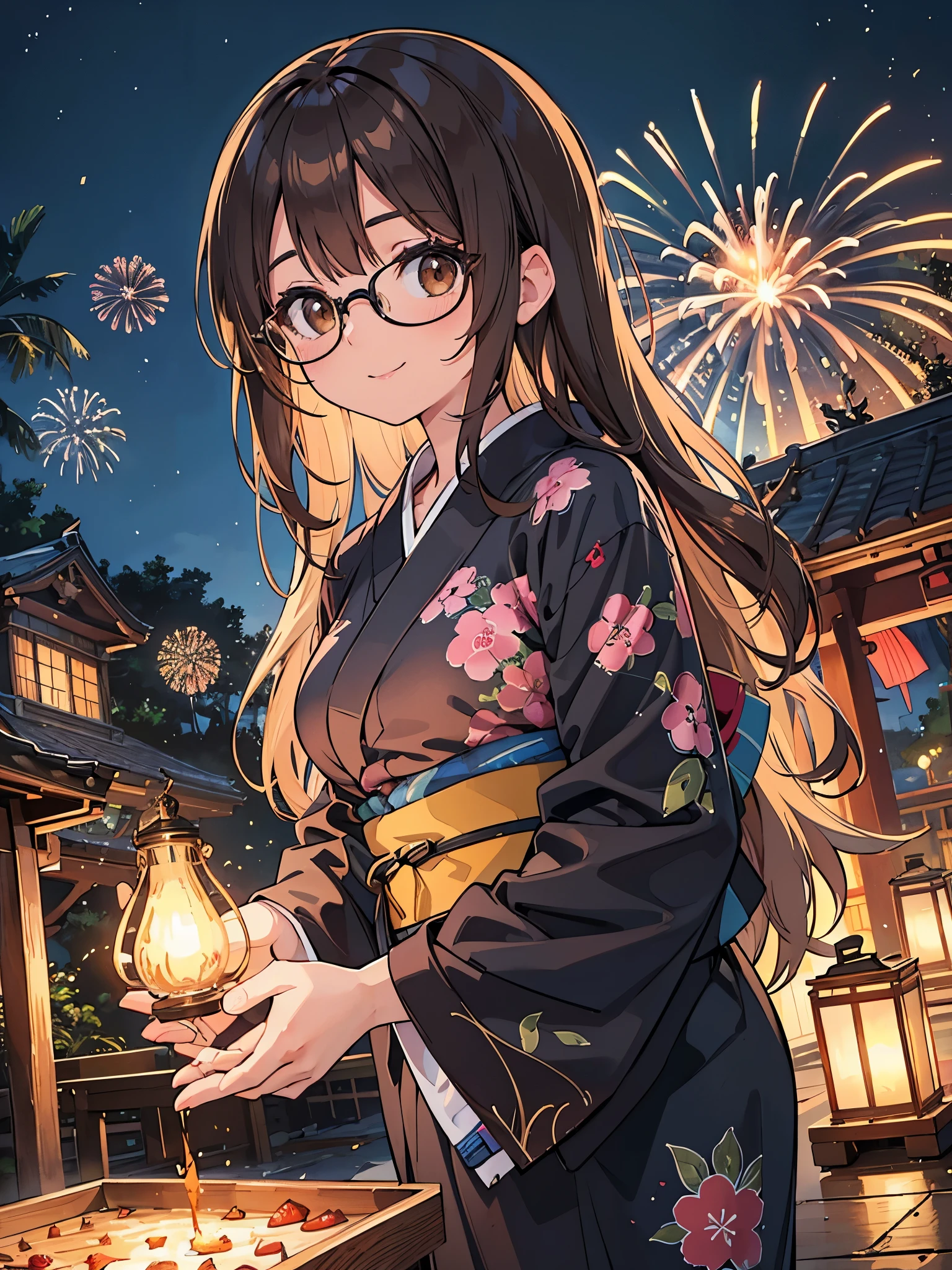 1 Female、Brown hair、Brown Eyes、Best Quality、Super detailed、8 Resolution、Raw photo、Mastepiece、Perfect Body、high resolution、highest quality、Detailed drawing、Vibrant colors、lure、smile、Long Hair、Black-rimmed glasses、Captivating breasts、night、firework、yukata、shrine