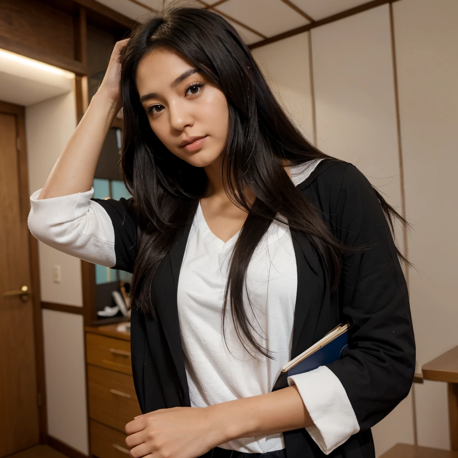 Mujer de cabello negro vestida de estudiante japonesa