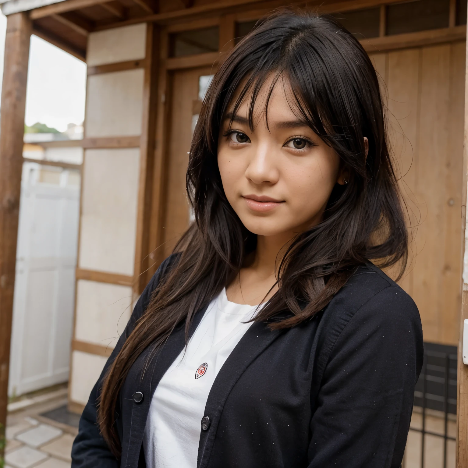 Mujer de cabello negro vestida de estudiante japonesa