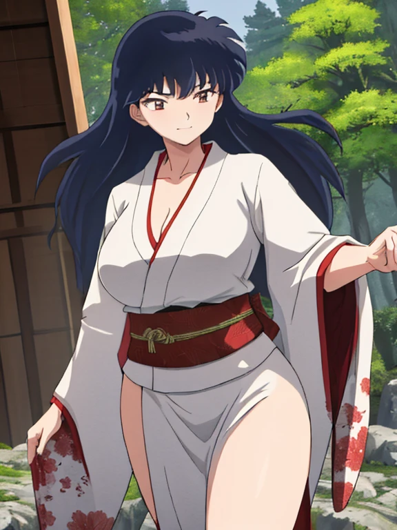 masterpiece, best quality, Kagome Higurashi, 25 years old, matured face, beautiful detailed eyes, ultra detailed eyes, extremely detailed face, large breasts, cleavage, very busty, big hips, strong muscles, athletic physique, She stands tall while wearing a short green kimono. she's looking directly at the camera with an confident smirk. Her gaze is both alluring and fierce as she is in a fighting stance. cowboy shot, Perfect Anatomy,(Professional Lighting), 4k textures, epic artistic, sharp focus, even lighting, insane details, intricate details, hyperdetailed, rich colors, BREAK Outdoors, forest, Japanese architecture in the background
