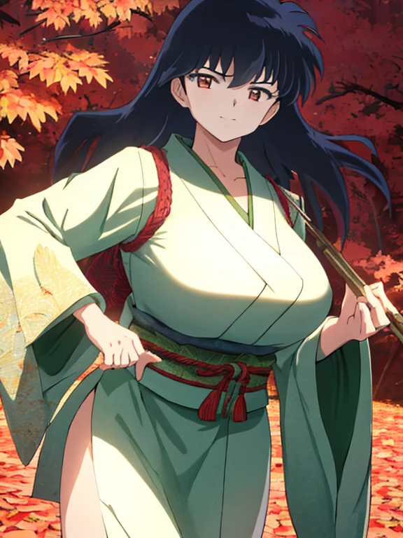 masterpiece, best quality, Kagome Higurashi, 25 years old, matured face, beautiful detailed eyes, ultra detailed eyes, extremely detailed face, large breasts, cleavage, very busty, big hips, strong muscles, athletic physique, She stands tall while wearing a short green kimono. she's looking directly at the camera with an confident smirk. Her gaze is both alluring and fierce as she is in a fighting stance. cowboy shot, Perfect Anatomy,(Professional Lighting), 4k textures, epic artistic, sharp focus, even lighting, insane details, intricate details, hyperdetailed, rich colors, BREAK Outdoors, forest, Japanese architecture in the background