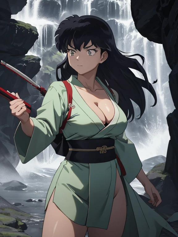 masterpiece, best quality, Kagome Higurashi, 25 years old, matured face, beautiful detailed eyes, ultra detailed eyes, extremely detailed face, large breasts, cleavage, very busty, big hips, strong muscles, athletic physique, She stands tall while wearing a short green kimono. she's looking directly at the camera with an confident smirk. Her gaze is both alluring and fierce as she is in a fighting stance. cowboy shot, Perfect Anatomy,(Professional Lighting), 4k textures, epic artistic, sharp focus, even lighting, insane details, intricate details, hyperdetailed, rich colors, BREAK Outdoors, forest, Japanese architecture in the background
