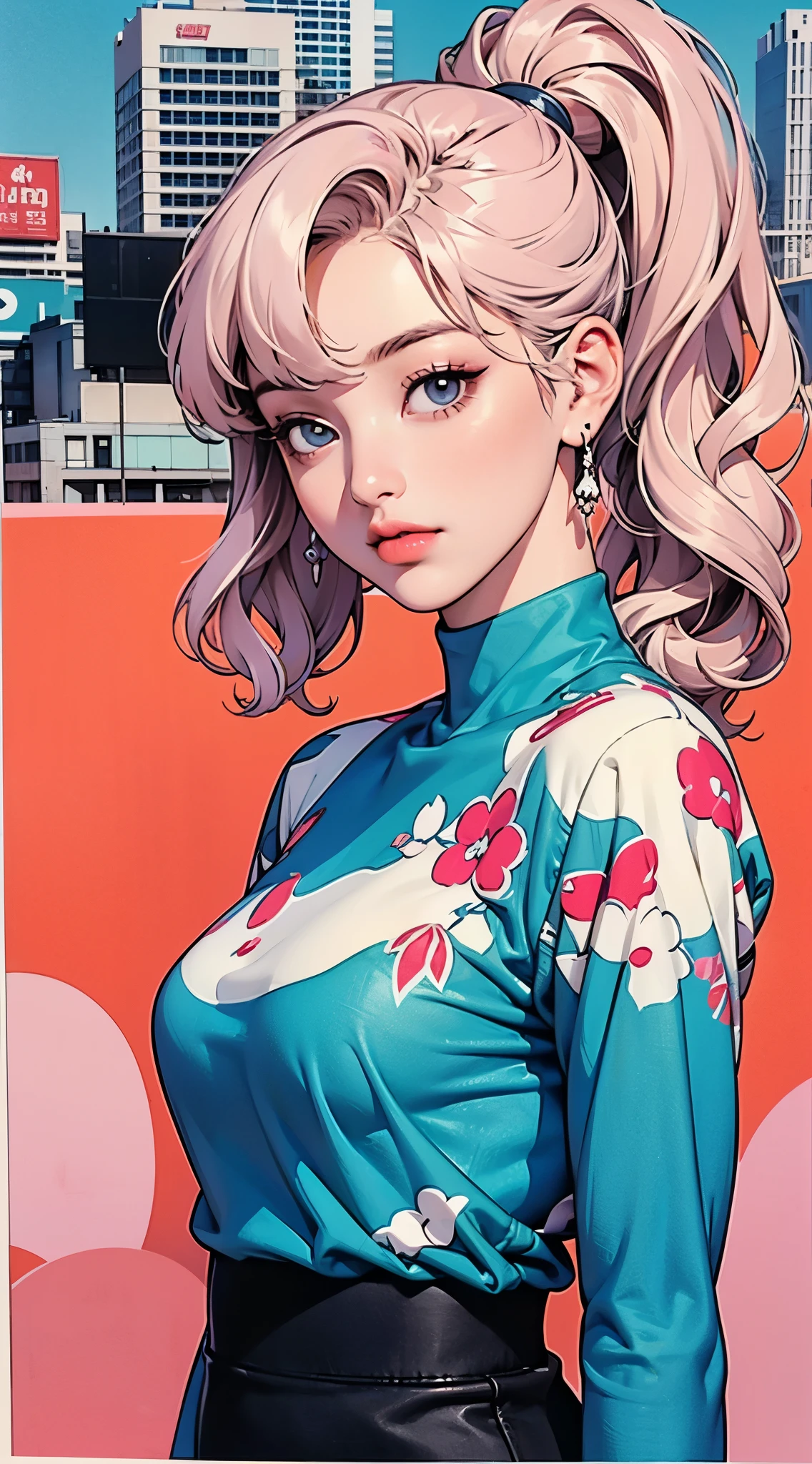 (masterpiece, best quality), one beautiful woman, printed cropped turtleneck shirt, skirt, wavy hair, ponytail, asymmetrical bangs, perfect face, beautiful face, alluring, big gorgeous eyes, soft smile, perfect slim fit body, city streets, (outdoor), seoul, bright colors, (risograph), inspired by smeglejj