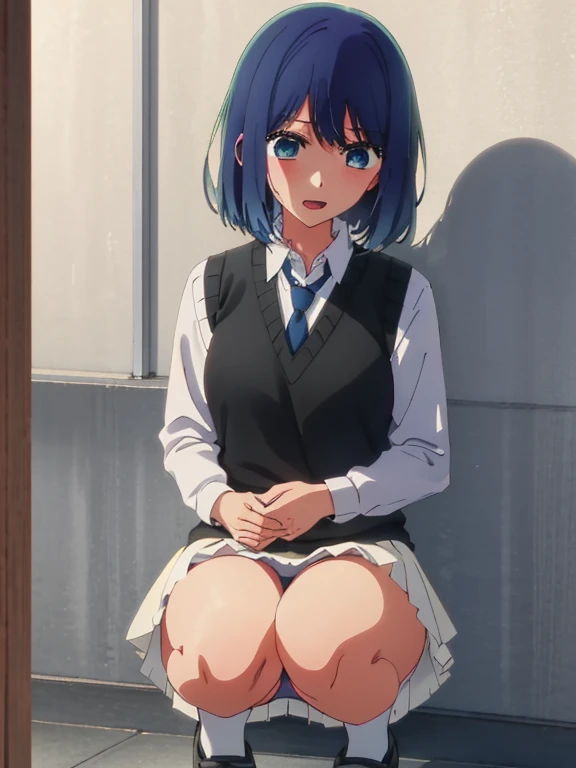 Beautiful lighting, One Girl, solo, Akane, White shirt, (((skirt))),Sweater vest, Black vest, Blue tie, ((Anime Style))、((2D))、Laughter、Open your mouth、Look forward,((Cotton panties with crotch)),(((skirtめくり, I can see your pants))),squat,squat,squat,squat,From below,blush,Embarrassing,skirtを持ち上げる