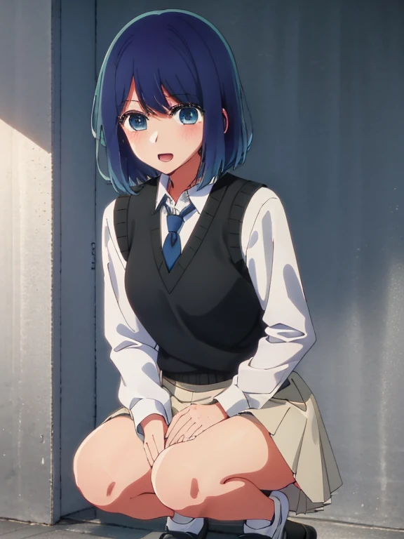 Beautiful lighting, One Girl, solo, Akane, White shirt, (((skirt))),Sweater vest, Black vest, Blue tie, ((Anime Style))、((2D))、Laughter、Open your mouth、Look forward,((Cotton panties with crotch)),(((skirtめくり, I can see your pants))),squat,squat,squat,squat,From below,blush,Embarrassing,skirtを持ち上げる