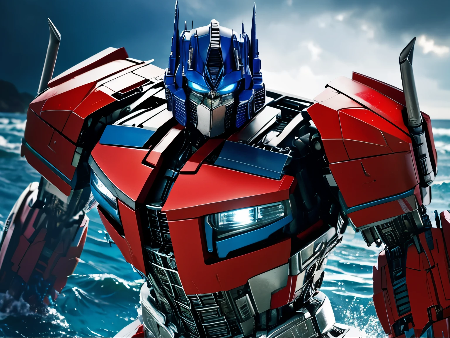 An image of Optimus Prime emerging from the sea with a dramatic pose. The water splashes around his hand as he rises from the depths. The scene is extremely detailed, with every aspect of Optimus Prime's face and body meticulously depicted. The image is of the best quality, with a resolution of 4k or 8k. The colors are vivid and the lighting is masterfully done, creating a realistic and photorealistic effect. The style of the image is a combination of portraits and sci-fi, with a hint of concept art. The color tone is predominantly blue, with a touch of silver and red to represent Optimus Prime's iconic design. The water is rendered with ultra-fine detail, capturing every droplet and wave with precision. The image is professionally crafted, with studio lighting and bokeh effects to enhance the overall composition.