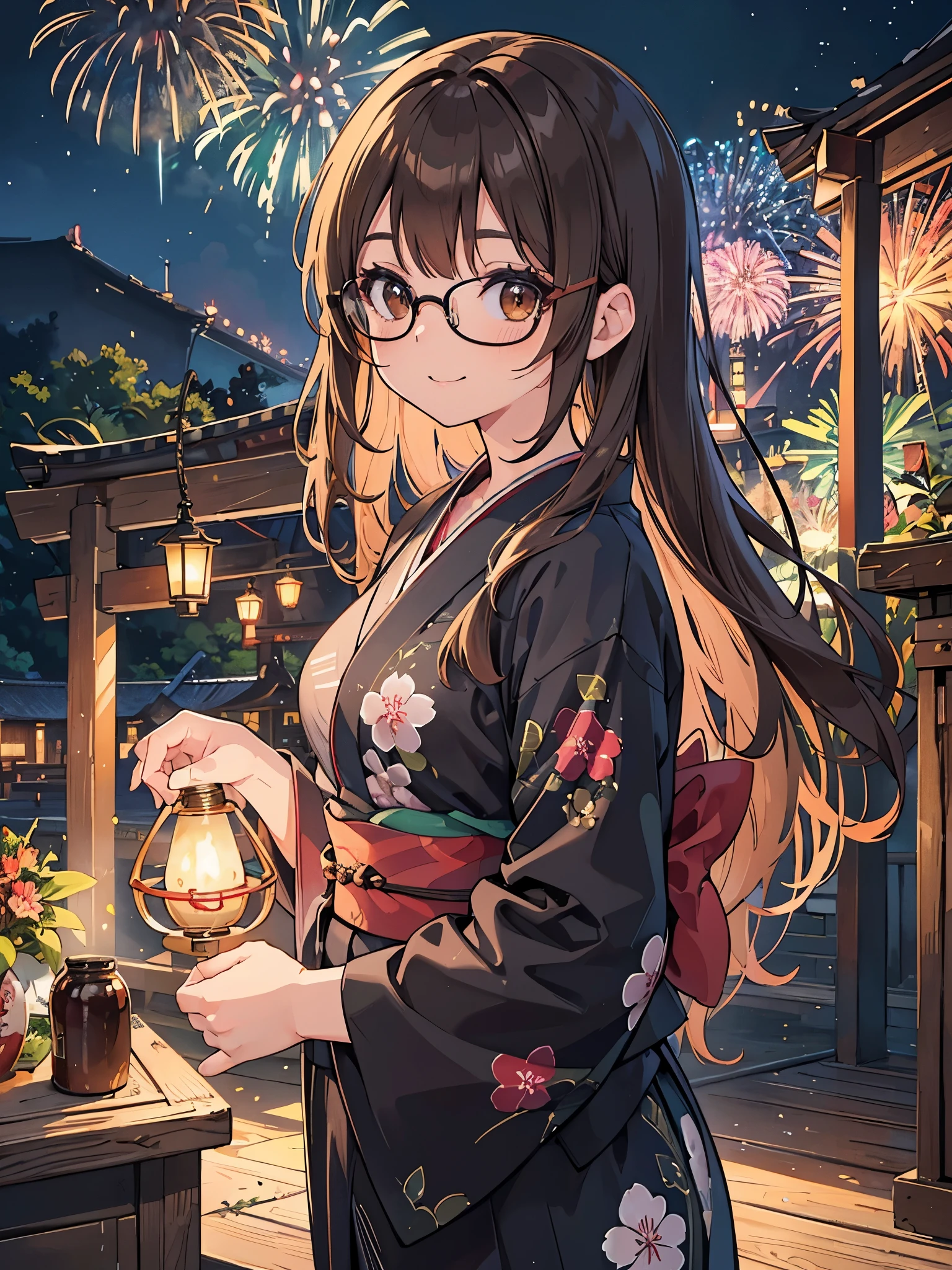 1 Female、Brown hair、Brown Eyes、Best Quality、Super detailed、8 Resolution、Raw photo、Mastepiece、Perfect Body、high resolution、highest quality、Detailed drawing、Vibrant colors、lure、smile、Long Hair、Black-rimmed glasses、Captivating breasts、night、firework、yukata、shrine