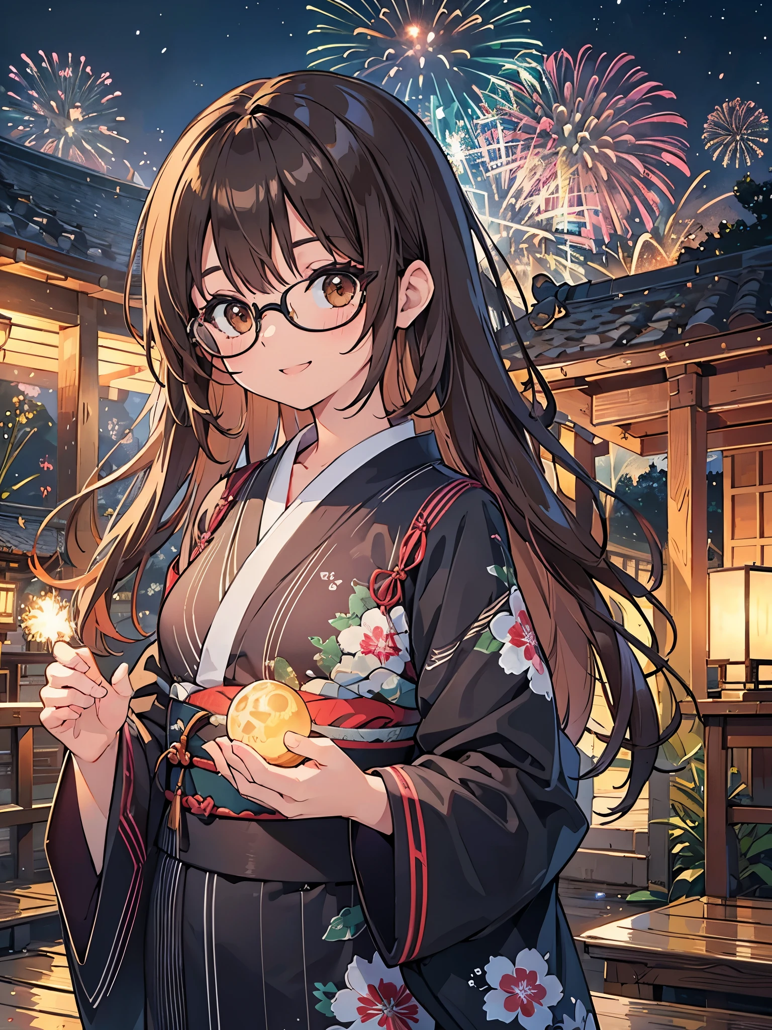 1 Female、Brown hair、Brown Eyes、Best Quality、Super detailed、8 Resolution、Raw photo、Mastepiece、Perfect Body、high resolution、highest quality、Detailed drawing、Vibrant colors、lure、smile、Long Hair、Black-rimmed glasses、Captivating breasts、night、firework、yukata、shrine