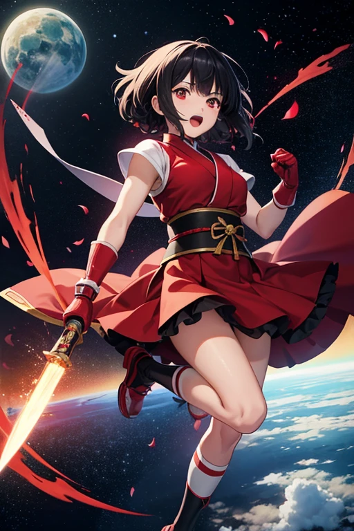 Anime Art、Full body portrait、Space SF Samurai、A Japanese woman, about 16 years old, about 145cm tall, wearing red armor, jumping with a knife in her hand、Open mouth and screaming、Curly short black hair、Red Eyes、gloves、Red pot roll
