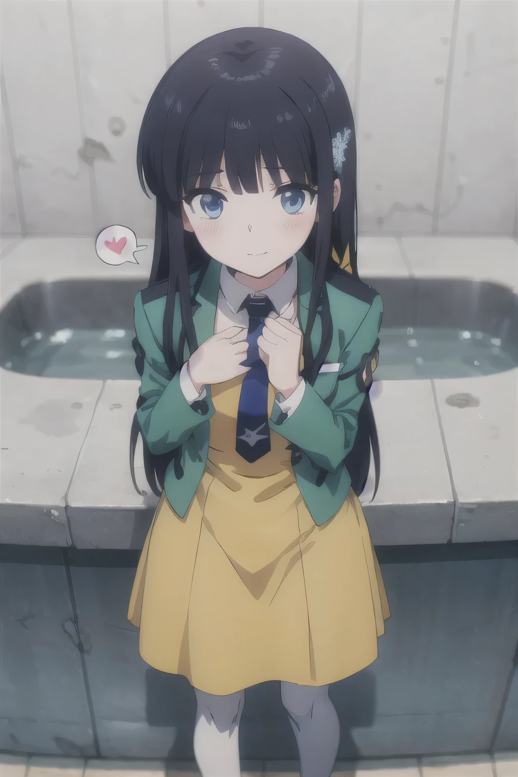 1 girl, alone, masterpiece, highest quality, 
The Irregular at Magic High School, Miyuki Shiba, shiba miyuki, black eye, blue eyes, Tsurime, eyelash, Black Hair, Long Hair, Princess Cut, Straight hair, Blunt bangs, blunt end, Side Lock, hair ornaments, snowflake hair ornaments, Initial Height , dress, white dress, collared dress, pencil dress, tie, black tie, short tie, Jacket, green Jacket, cropped Jacket, open Jacket, Long sleeve, large chest, pantyhose, chest,
Cowboy Shot, Leaning forward, V Arm, From above, look up, Looking at the audience,
blush, A light smile,
Simple Background, White Background, heart background, heart, spoken heart