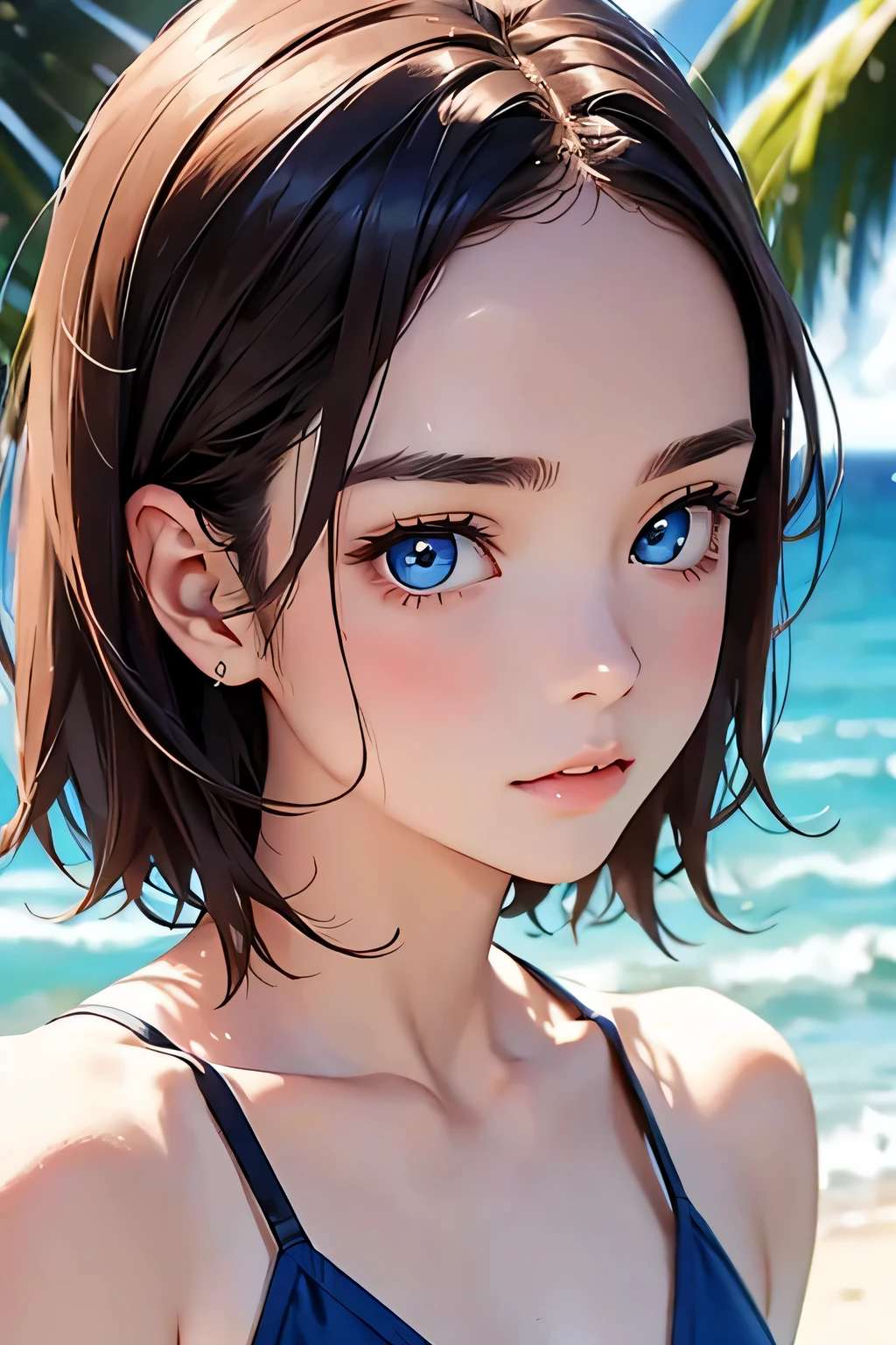 highest quality、Realistic、Women、Japanese、zoom、look up、cute、Ocean、Cobalt Blue Eyes、Chestnut Hair、Short Hair、Swimwear、Face close-up、slender、Small breasts