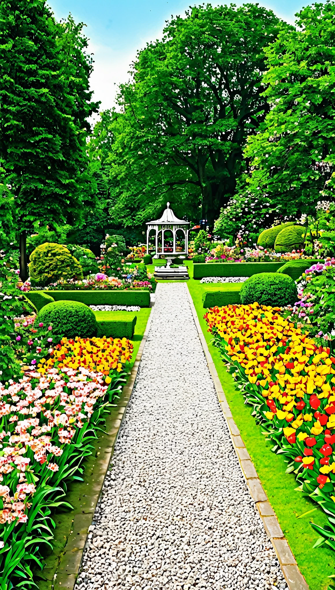 beautiful public garden with lots of flowers, plants, add many detaisl