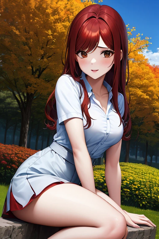 Obra maestra, mejor calidad, high resolution, cuento de hadas, 1 chica, pelo largo, cabello rojo, Brown eyes, cinta para el cuello, hombros descubiertos, Camisa blanca, sin mangas, volantes centrales, falda azul, pelo sobre un ojo, ciudad, leaning forward, mano en la propia rodilla, de pie