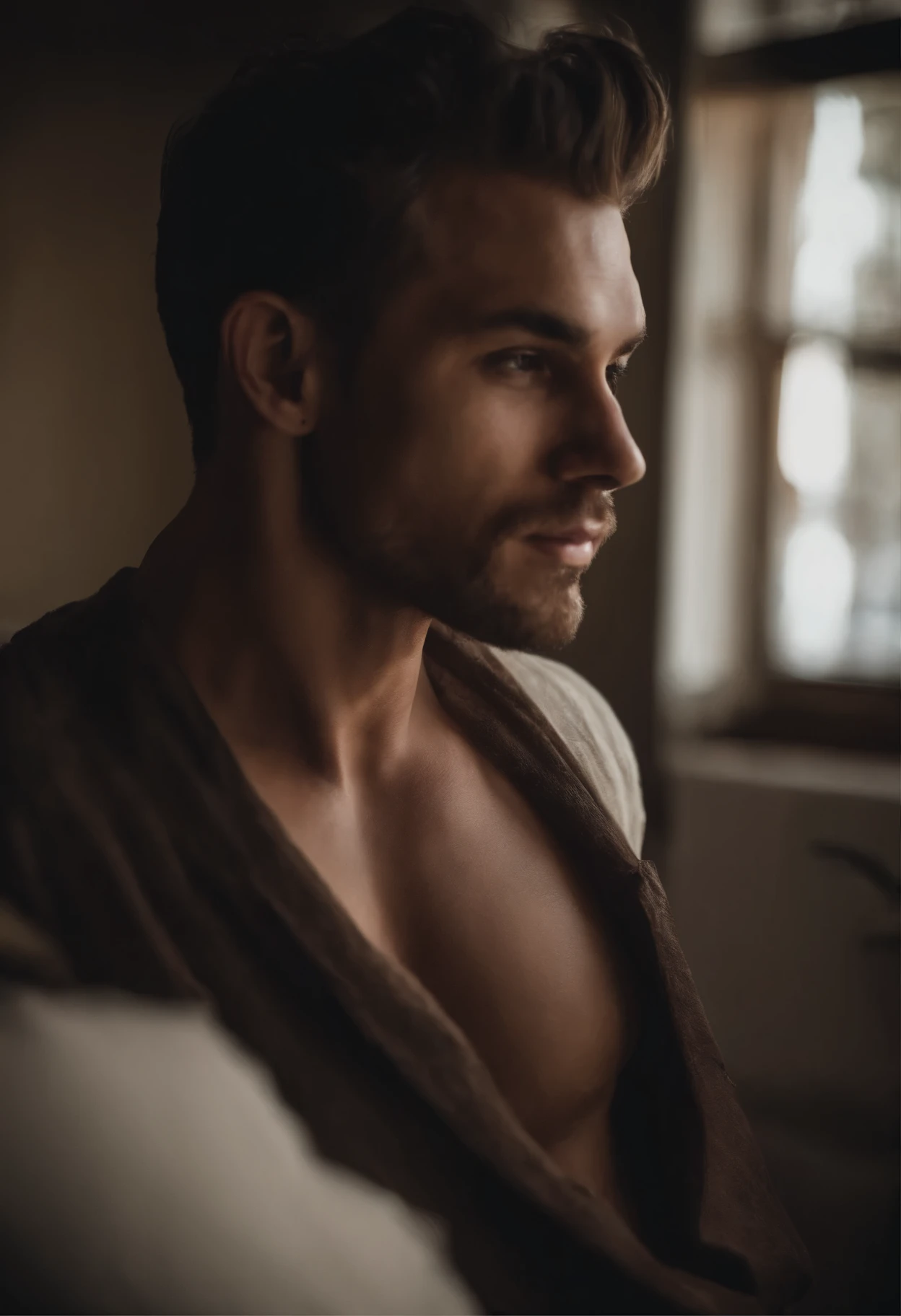 glamor shot (close up:0.9) from the side of a sad topless man in his 20s leaning against a window at the end of the world, artwork, best quality, dslr, 8k, 4k, ultrarealistic, realistic, ray tracing, underground scattering, volumetric light, 1 man, shirtless, white underwear,8k, 4k, ultra-realistic, realistic, traced ray, scattering, volumetric light, 1 man, wet, in transparent underwear, epic, abandoned, night, film grain, (intricate detail), (intricate detail, hyperdetail: 1.2), art station, cinematic shot, vignette , dark theme, complex background, building, bottom view, dynamic pose, single pose,( hyperdetailed: 1.2), art station, cinematic shot, shot by famous photographer in CANON 5D MARK, detailed skin with all raw details ar 4:6 q 2 s 750v 58k, 4k, ultra realistic, realistic, ray traced, scattering, volumetric light, 1 man, wet, in see-through underwear, epic, abandoned, night, film grain, (intricate details) beautiful face, face, extremely detailed, intricate details, extremely detailed eyes, highly detailed eyes, 16k resolution, realistic wet skin, extremely intricate details, epic realistic, anatomically correct face, Ultra HD, HDR, natural skin textures, Hyper Realism , realistic skin texture, hyper detailed, extremely realism, ultra detailed, logically correct body