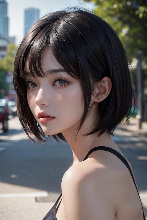 (Masseter muscle area:1.3)、(8k、Photorealistic、Raw photo、highest quality: 1.4)、(One girl)、Beautiful Face、(A vivid face)、(Black-haired、short hair:1.3)、Beautiful hairstyle、Realistic eyes、Beautiful details、(real skin)、Beautiful skins、(Swimwear)、Absurd、attractive、超A high resolution、Surreal、High definition、Golden Ratio、Medium chest、Beautiful breasts