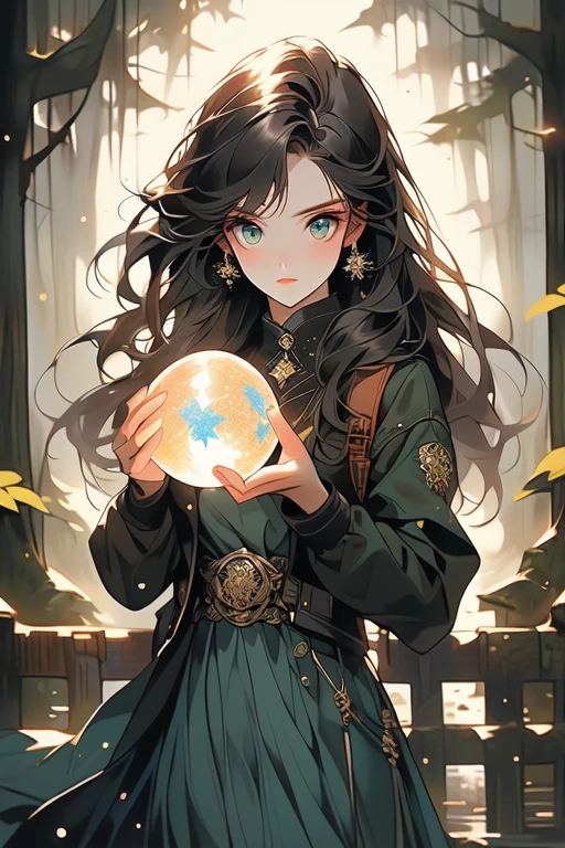 the Resistance Operative, stands on a moss-covered stone bridge in a dense, ancient forest under a starry night sky. She holds a small glowing crystal sphere, her intense eyes scanning the surroundings with determination. Pale skin, deep-set, intense eyes; furrowed brow; colorful, worn attire, Vibrant clothes, utility belt, leather jacket, bag with tools and trinkets, small crystal sphere