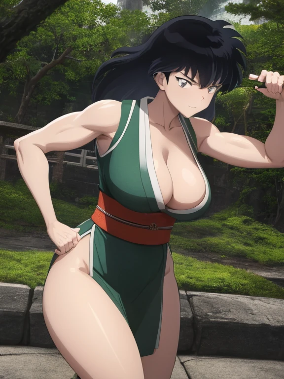 masterpiece, best quality, Kagome Higurashi, 25 years old, matured face, beautiful detailed eyes, ultra detailed eyes, extremely detailed face, large breasts, cleavage, very busty, big hips, strong muscles, athletic physique, She stands tall while wearing a short green kimono. she's looking directly at the camera with an confident smirk. Her gaze is both alluring and fierce as she is in a fighting stance. cowboy shot, Perfect Anatomy,(Professional Lighting), 4k textures, epic artistic, sharp focus, even lighting, insane details, intricate details, hyperdetailed, rich colors, BREAK Outdoors, forest, Japanese architecture in the background
