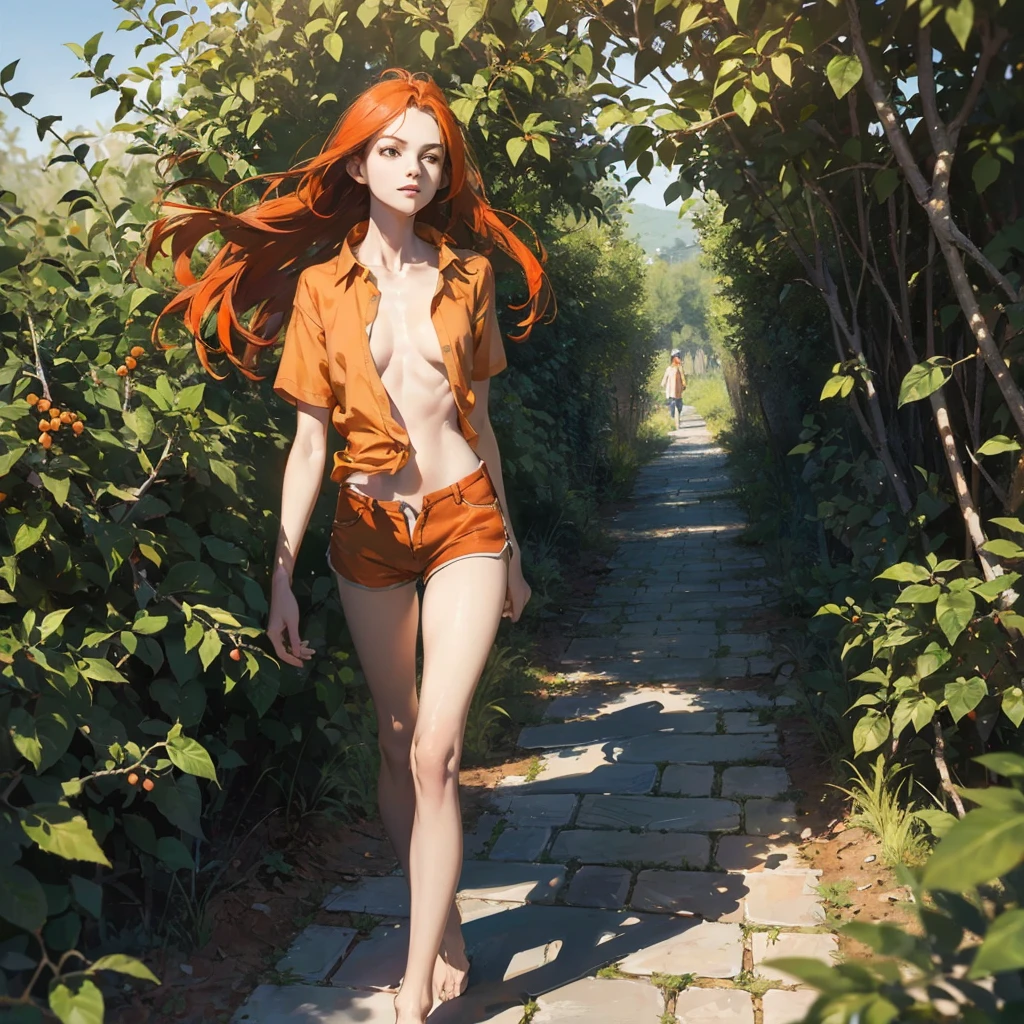 Beautiful slender thin exquisite (nude) (Girl ) (with a perfect southern type face) with red hair with tender breasts with tender nipples barefoot with bare hips ((with red pubic hairs)) ((in an unbuttoned open orange shirt on a naked body and very wide long loose flared culottes)) coming ((along the brick road)) in the middle of a flowering field (with a glass of white wine), in a gentle watercolor style, Discreet shades, sfumato, haze, diffused dim light, delicate mint shades, imitation of film photography, (olive and grape groves, Brick Road), (High image quality, Maximum detail), (sunset lighting, Warm evening shades, warm golden and olive sunset light)