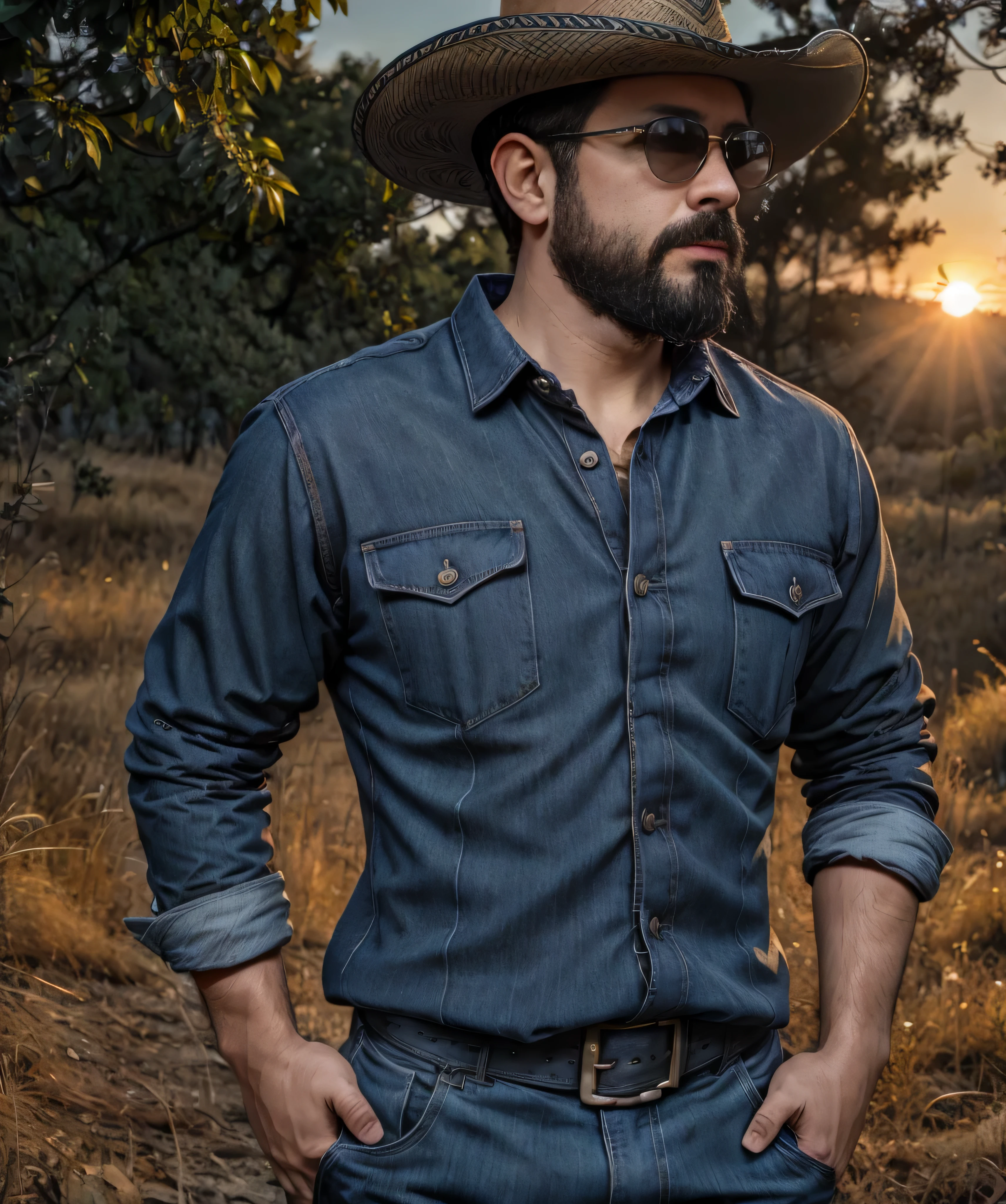 Obra maestra, desenfoque de campo, Parte superior del cuerpo, Hands in pants pockets , 38 year old man with beard.., sombrero vaquero y gafas de sol. Man in a plaid shirt in a Netflix drug trafficking series with a sunset in the background.