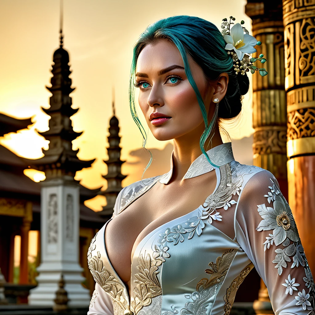 Generate a (hyperdetailed, realistic, Full Body), photo of (Nia, a serene smile), (((turquoise color eyes))), (((long, silky, straight, Ombre blend of shimmering silver and celestial blue hair))), (((Her long, silky hair is styled in a styled in a sleek updo, with wisps of hair framing her face for a soft and romantic look, and adorned with delicate floral accessories adding a touch of femininity, ))), (fair skin:1.4), (((Massive round natural breasts with deep cleavage))), (Massive round natural breasts:1.8), (Greek and Russian mix ethnicity), (hourglass figure, perfect body, NSFW, perfect anatomy, masterpiece, best quality, Fantasy setting). ((She is wearing a white color Javanese Kebaya, the soft fabric complementing her curves)). (((Full body))), Envision Nia dressed in the exquisite white color Javanese Kebaya, standing before a majestic ancient temple adorned with intricate carvings and towering spires. Stone walls of the temple bear the marks of centuries past, hinting at the rich history and cultural significance of the land. As the sun sets in the distance, casting a warm golden glow upon the scene, Nia's elegant figure is partially framed, allowing the viewer to appreciate her attire and posture. Industrial Light & Magic and wetafx vfx, adjust the exposure settings to brighten the image and bring out more detail, while increasing the contrast to add depth and clarity, (Fit, Athletic, Tall), (Massive round natural breasts), (Highly detailed facial and skin texture), (Best quality, ultra detailed, Golden ratio, Masterpiece:1.2), (Theatrical lighting:0.7, Perfect rare face), (Highly detailed skin), skin texture, Pale skin, shiny skin, (thin, large size:1.2), [:(Sharp focus on rare face, perfect eyes:1.2):0.2], hyperdetailed photography, UHD, realistic skin texture, shot with Canon EOS 5D Mark IV, highly detailed, sfumato and chiaroscuro photography by AGSI / Artificial Ghost in the Shell Intelligence, Roger Deakins Cinematography, directed by Ridley Scott.

