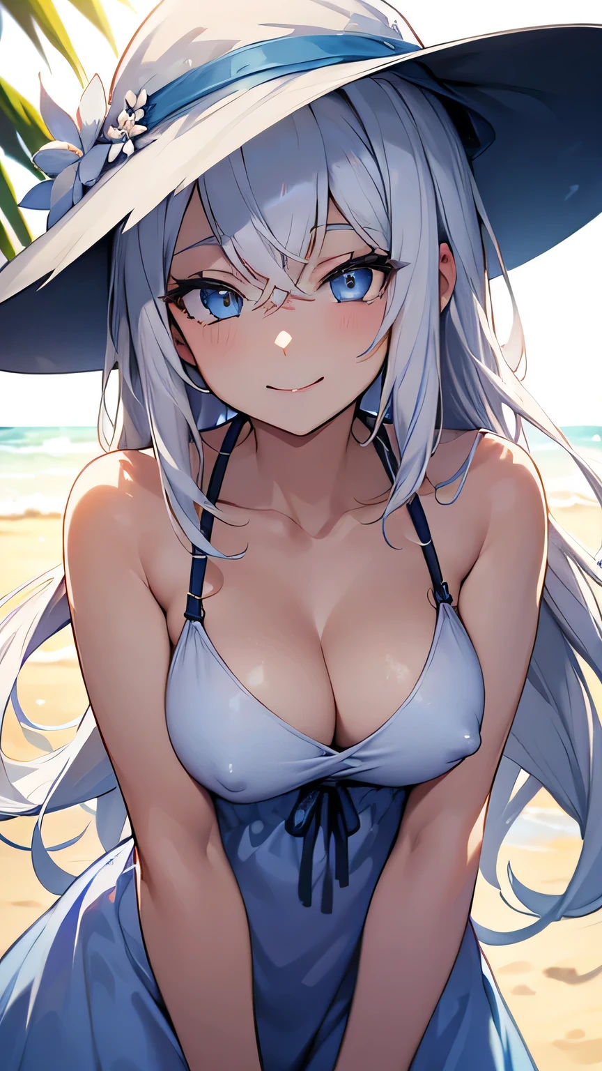 (Best quality, dynamic lighting, highly detailed, HDR) white haired young woman, mature, gorgeous beautiful, long wavy hair, blue eyes, slim, medium-small breasts, perky nipples, pastel summer dress, summer hat, bare shoulder, cleavage, sleeveless, smiling, beach background.