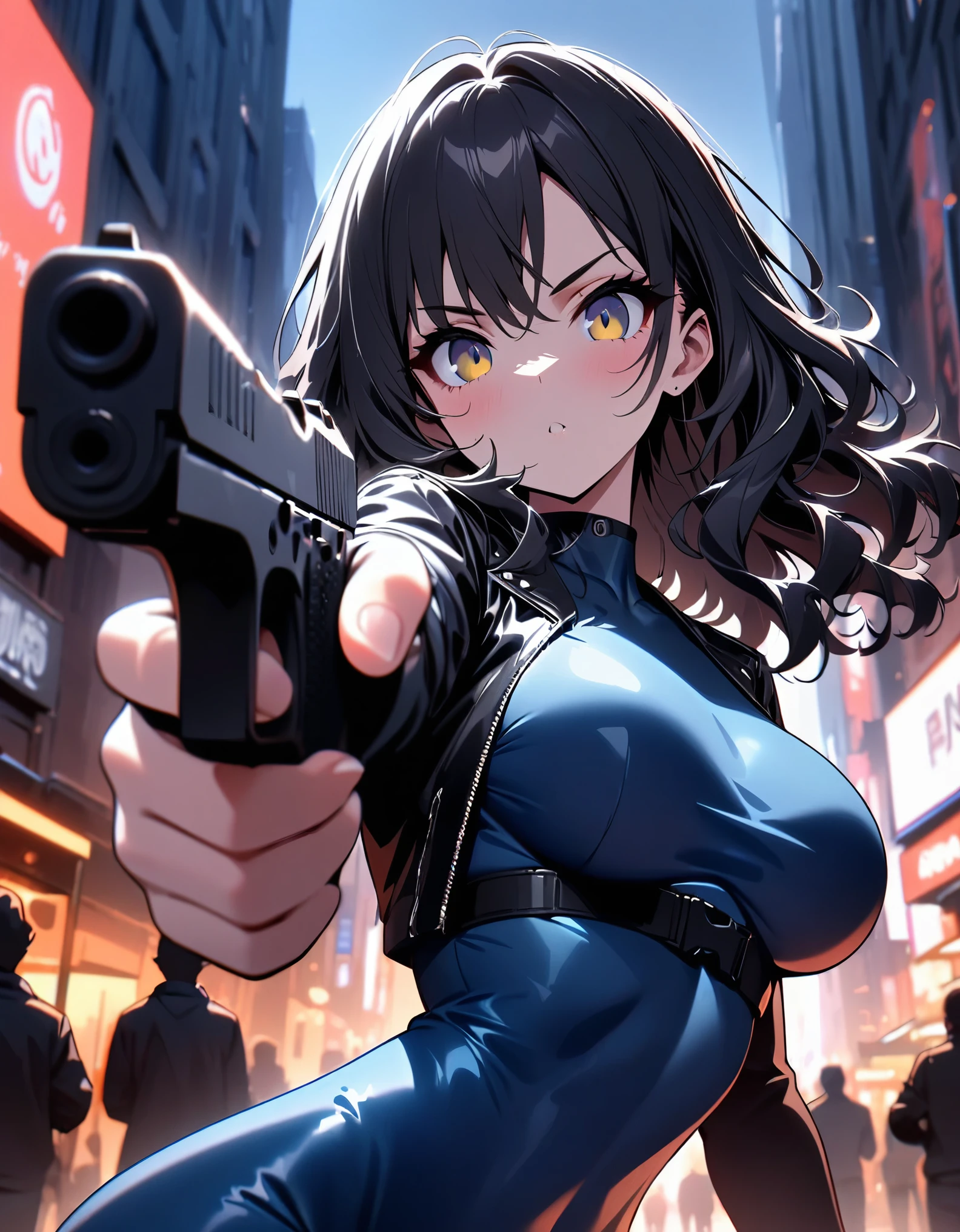 best quality, masterpiece, highres, 1girl, (solo, solo focus), (blue bodysuit, red bodice, black boots), pointing pistol at viewer, desert eagle, (black leather jacket), fingerless gloves, black hair, short hair, wavy hair, hazel eyes, beautiful detailed eyes, beautiful detailed face, (perfect hands), perfect anatomy, perfect proportions, medium breasts, New York street backdrop, night noir atmosphere