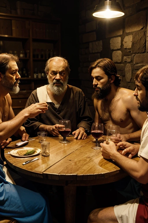 socrates, Plato, Aristotle, Homero, Fidias, Pericles tomando vino en una mesa redonda.  