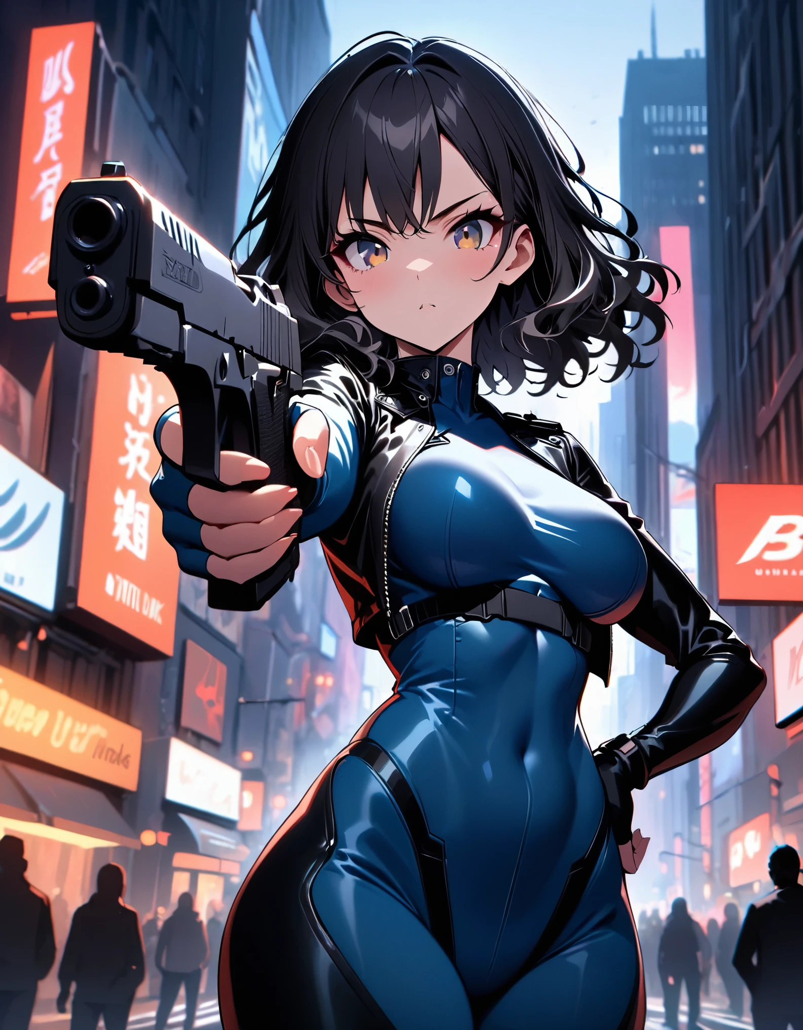 best quality, masterpiece, highres, 1girl, (solo, solo focus), (blue bodysuit, red bodice, black boots), pointing pistol at viewer, desert eagle, (black leather jacket), fingerless gloves, black hair, short hair, wavy hair, hazel eyes, beautiful detailed eyes, beautiful detailed face, (perfect hands), perfect anatomy, perfect proportions, medium breasts, New York street backdrop, night noir atmosphere