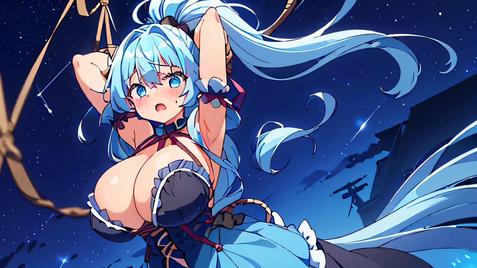 (focus breasts,from front),(1 girl,dropping eyes,embarrassed,blush,arms up,leaning forward,open mouth),(gigantic breasts:1.5),(long ponytail hair,light blue hair,waved hair,clothed,black frilled dress,rope bound her body,rope bound her breasts,rope bound her arms),dutch angle,close to viewer,in midnight,under starry sky