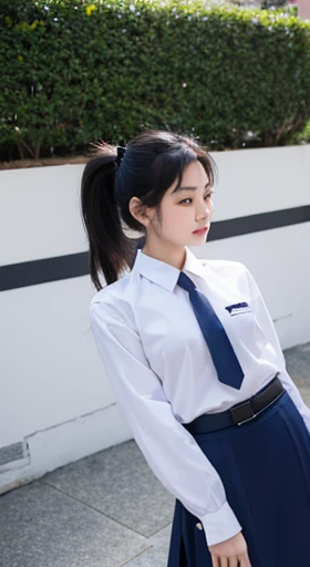 Thai girl, ponytail, convent, white shirt, long sleeves, loose necktie, navy blue long skirt, black belt,