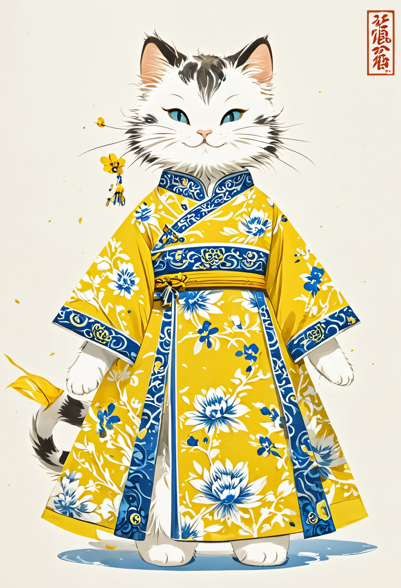 new chinese style,flower,cat,potala palace,furry, yellow flower,chinese clothes,dress,solo,whiskers,slit pupils,floral print,animal,smile