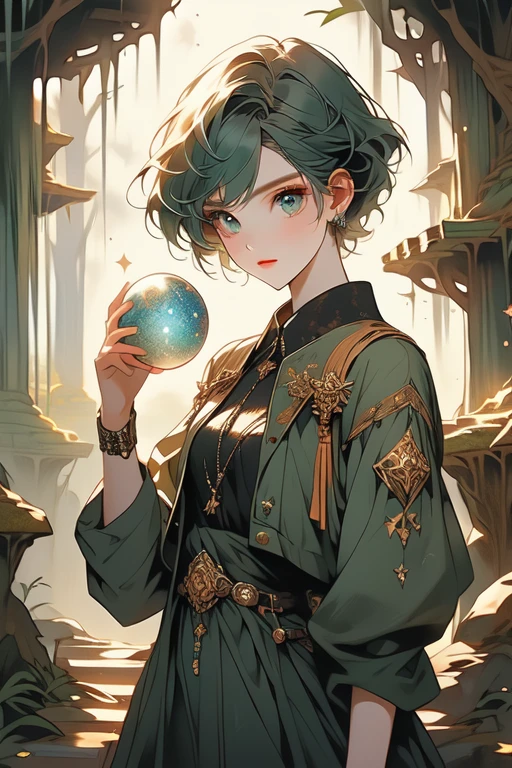 moss-covered stone bridge in a dense, ancient forest under a starry night sky. She holds a small glowing crystal sphere, her intense eyes scanning the surroundings with determination. Pale skin, deep-set, intense eyes; furrowed brow; colorful, worn attire, Vibrant clothes, utility belt, leather jacket, bag with tools and trinkets, small crystal sphere, pixie cut, short hair