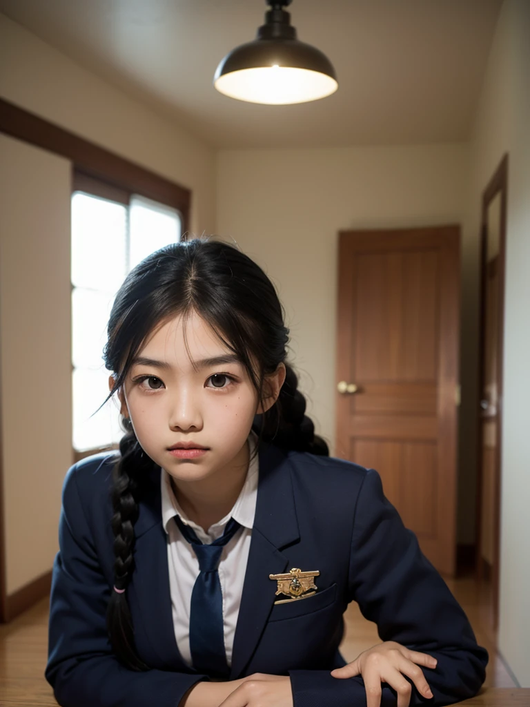 Master quality, highest quality, Best image quality, Exaggerated details, Cute 8 Asian boy with embarrassed expression, I narrowed my eyes a little., Style your hair, Long eyelashes (Long Hair / very, very exaggerated big breasts ), In the hallway, Strike a pose for the camera,Blazer uniform,Young face,Braid