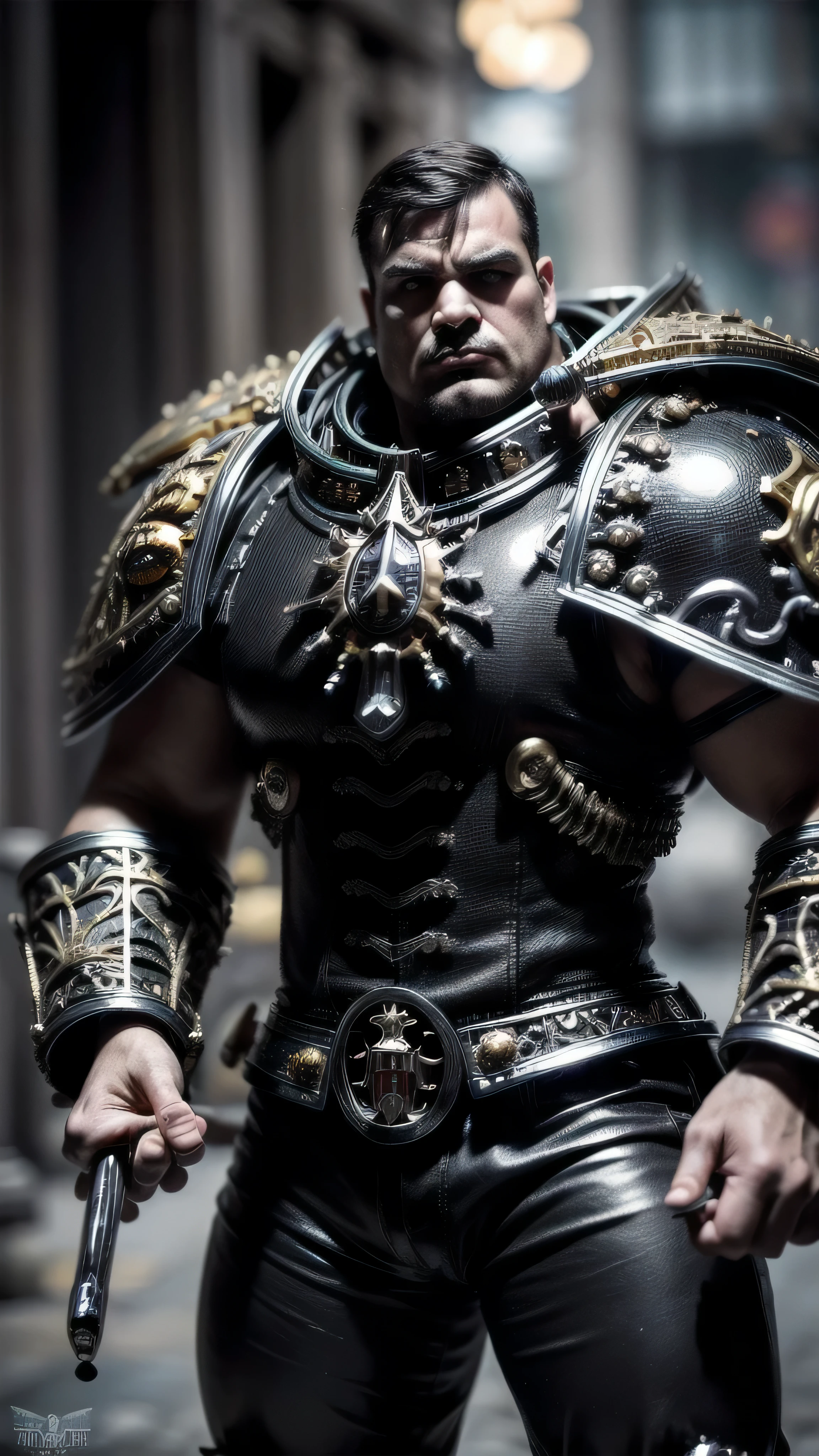 (masterpiece), ((extremely intricate:1.3)), (realistic), (((Warhammer Chaos space marine master sergeant, victorious, black chrome, gold filigree))), outdoors, metal reflections, professional photograph, sharp focus, dramatic, award winning, cinematic lighting, volumetrics dtx, (film grain, blurry background, bokeh, depth of field), 8K BREAK, (background battlefield)