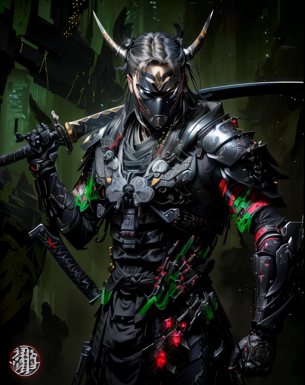 araffe dressed in a black suit holding a sword and a sword, cyborg samurai, cyber japan samurai armor, cyberpunk samurai, very beautiful cyberpunk samurai, full samurai armor spiderman, bio - mechanical ninja samurai, portrait of a cyberpunk samurai, cyber japan style armor, cyber japan armor, celtic and cyberpunk armor, black bull samurai, intricate assasin mecha armor