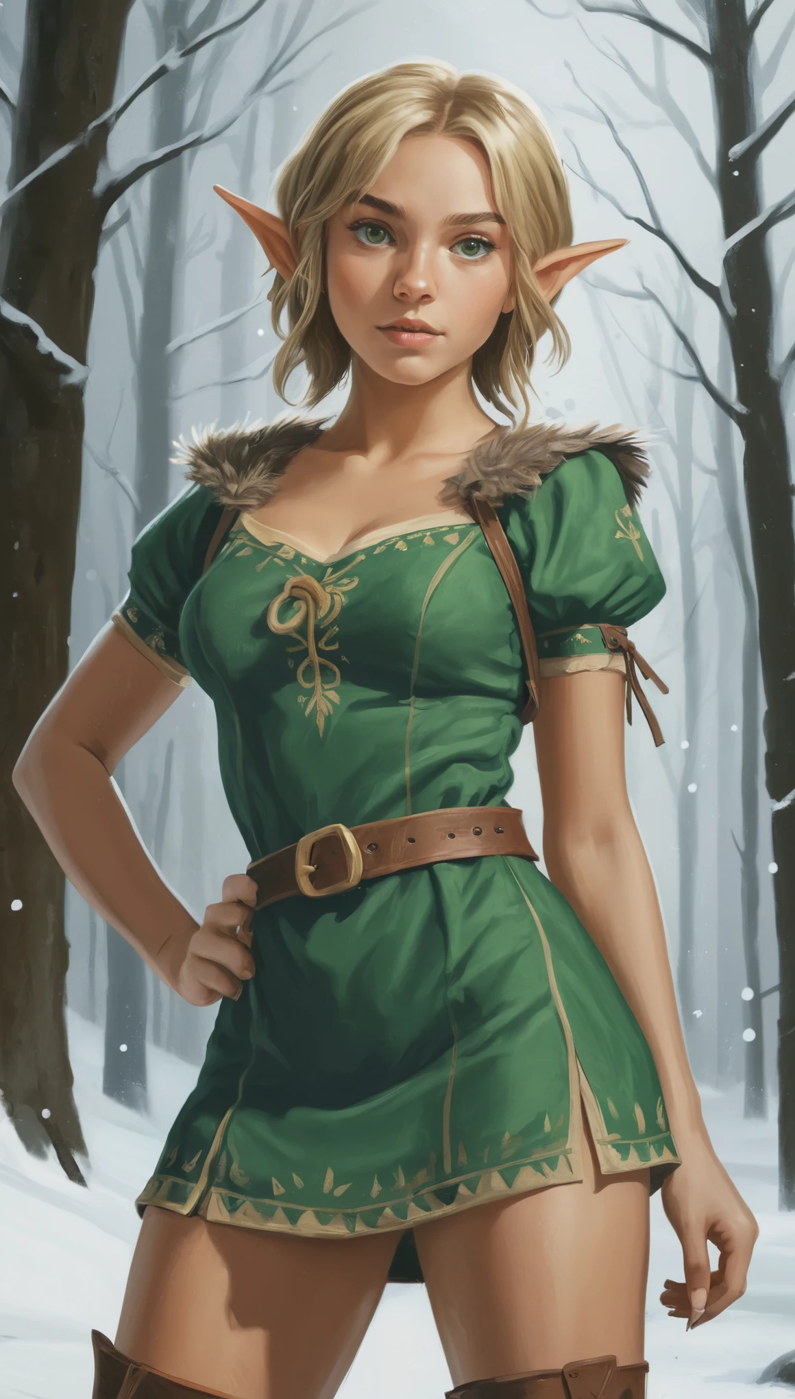 An illustrated movie poster, hand-drawn, full color, a teenage elven girl, wearing a corduroy mini-dress, sun-tanned complexion, very tall, athletic body, hourglass figure, curvy, slightly chubby, bottom-heavy, generous hips, massive bubble-butt, long legs, ridiculously thick powerful thighs, hazel green eyes, long pointy elf ears, ash blonde hair, shaggy bob, posing in a snowy forest, hard shadows, graphite shading, stencil marks, airbrushed acrylic paint, masterpiece, in the style of Breath of the Wild