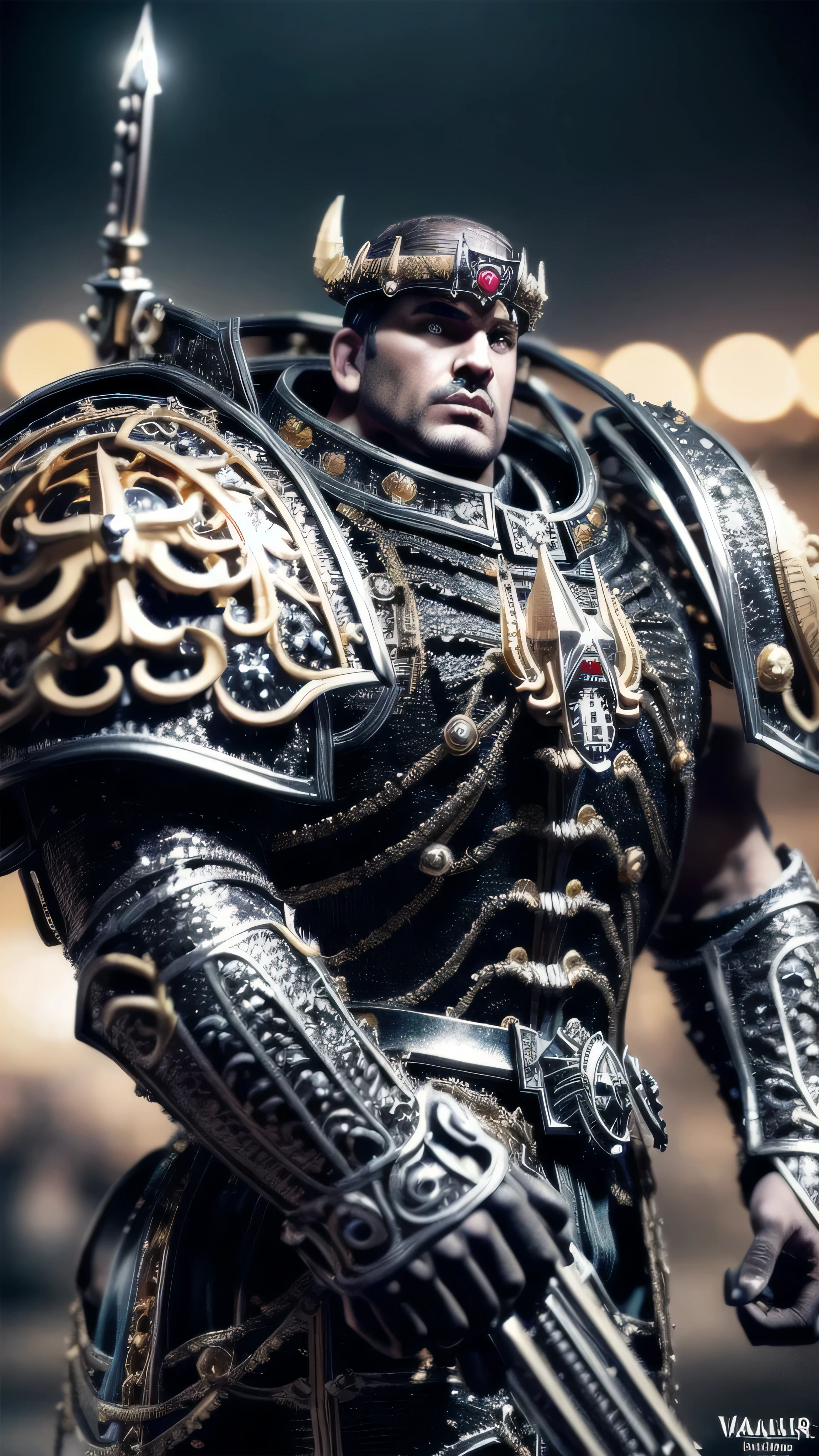 (masterpiece), ((extremely intricate:1.3)), (realistic), (((Warhammer Chaos space marine master sergeant, victorious, black chrome, gold filigree))), outdoors, metal reflections, professional photograph, sharp focus, dramatic, award winning, cinematic lighting, volumetrics dtx, (film grain, blurry background, bokeh, depth of field), 8K BREAK, (background battlefield)