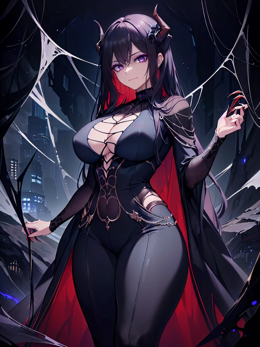 (Uhd, Masterpiece, Textured Skin, Super Detail, High Details, High Quality, Best Quality), Detailed Face, 1woman, mature pretty woman, ((wide hips, thick thighs)), ((Long Dark Blue eyes hair)), ((Black Sexy Rpg dress), (Pants), (Spider, Web, Silk), Thin Horns, (standing, inside a dark cave full of cobwebs), (Sharp claws)