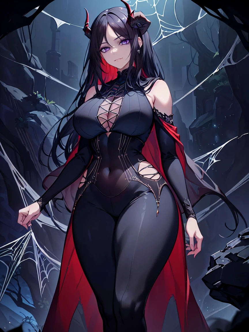 (Uhd, Masterpiece, Textured Skin, Super Detail, High Details, High Quality, Best Quality), Detailed Face, 1woman, mature pretty woman, ((wide hips, thick thighs)), ((Long Dark Blue eyes hair)), ((Black Sexy Rpg dress), (Pants), (Spider, Web, Silk), Thin Horns, (standing, inside a dark cave full of cobwebs), (Sharp claws)